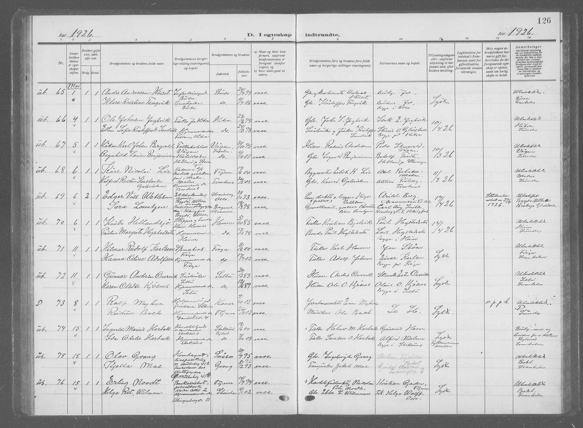 Ministerialprotokoller, klokkerbøker og fødselsregistre - Sør-Trøndelag, SAT/A-1456/601/L0098: Parish register (copy) no. 601C16, 1921-1934, p. 126