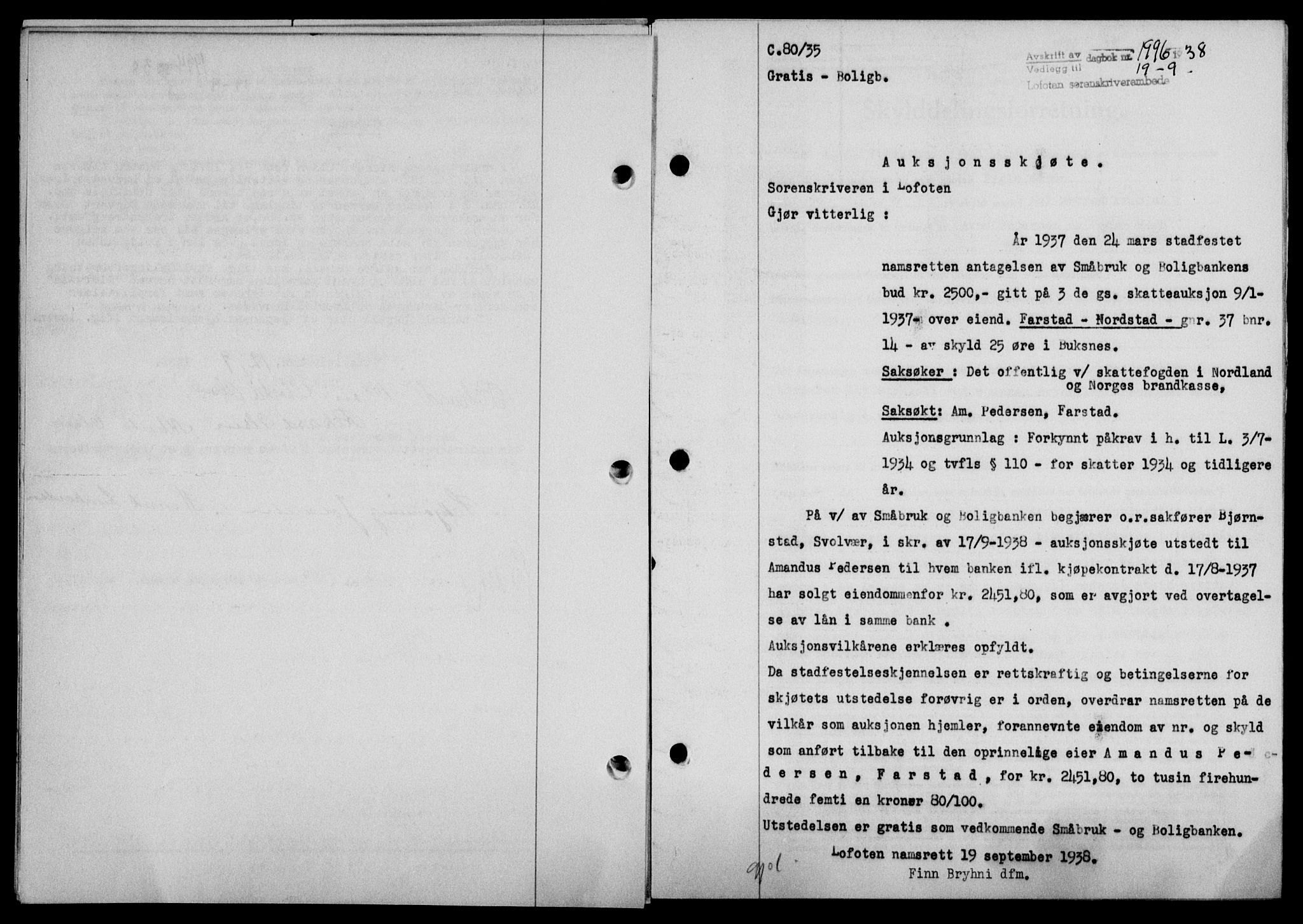 Lofoten sorenskriveri, SAT/A-0017/1/2/2C/L0004a: Mortgage book no. 4a, 1938-1938, Diary no: : 1996/1938