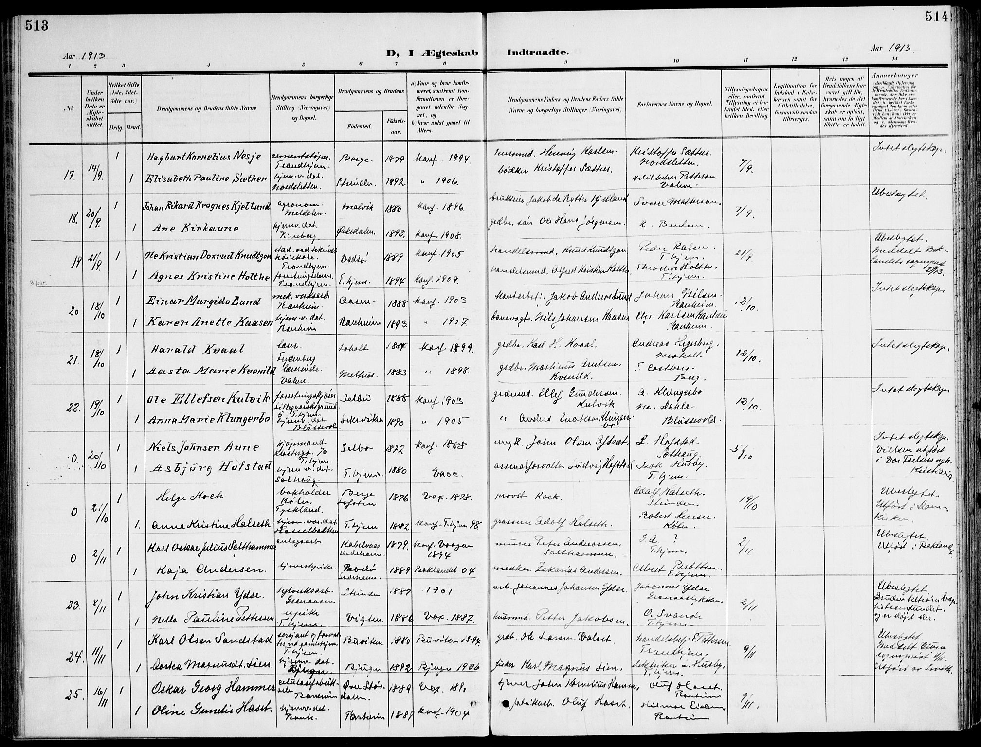 Ministerialprotokoller, klokkerbøker og fødselsregistre - Sør-Trøndelag, AV/SAT-A-1456/607/L0320: Parish register (official) no. 607A04, 1907-1915, p. 513-514