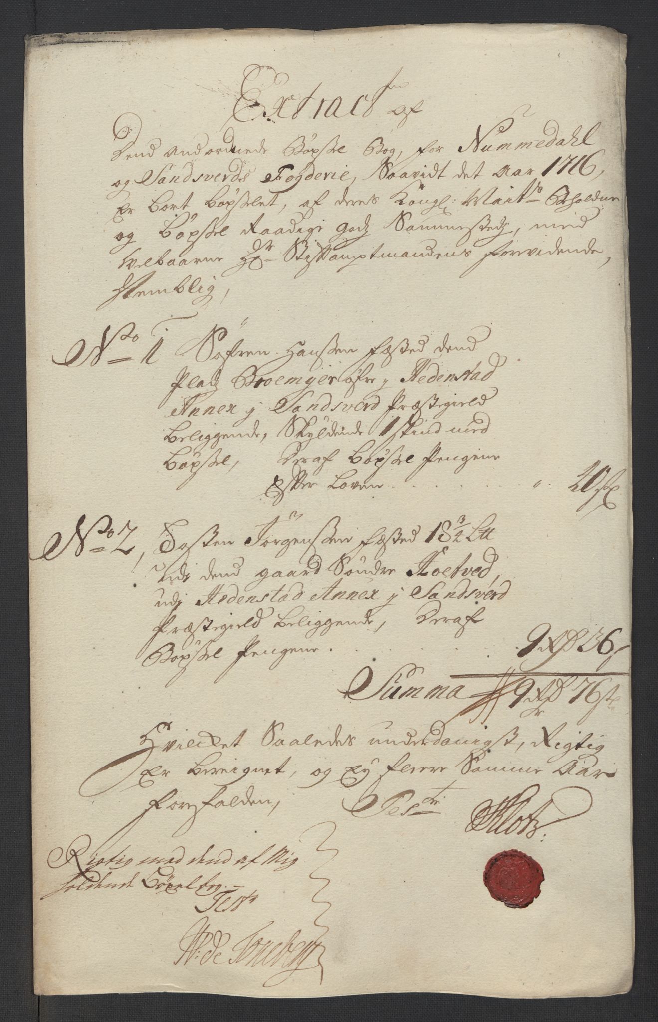 Rentekammeret inntil 1814, Reviderte regnskaper, Fogderegnskap, RA/EA-4092/R24/L1592: Fogderegnskap Numedal og Sandsvær, 1716, p. 265