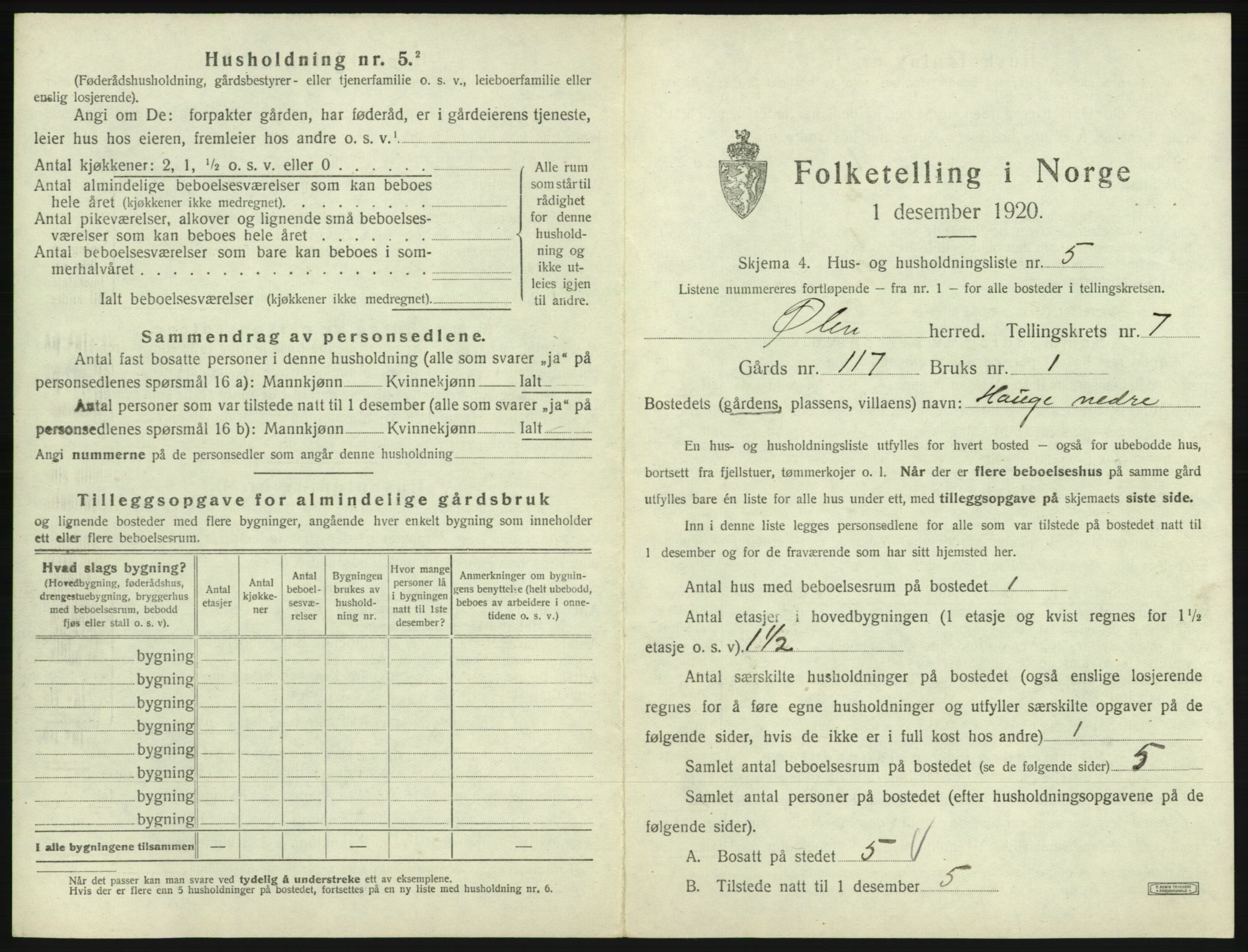 SAB, 1920 census for Ølen, 1920, p. 523