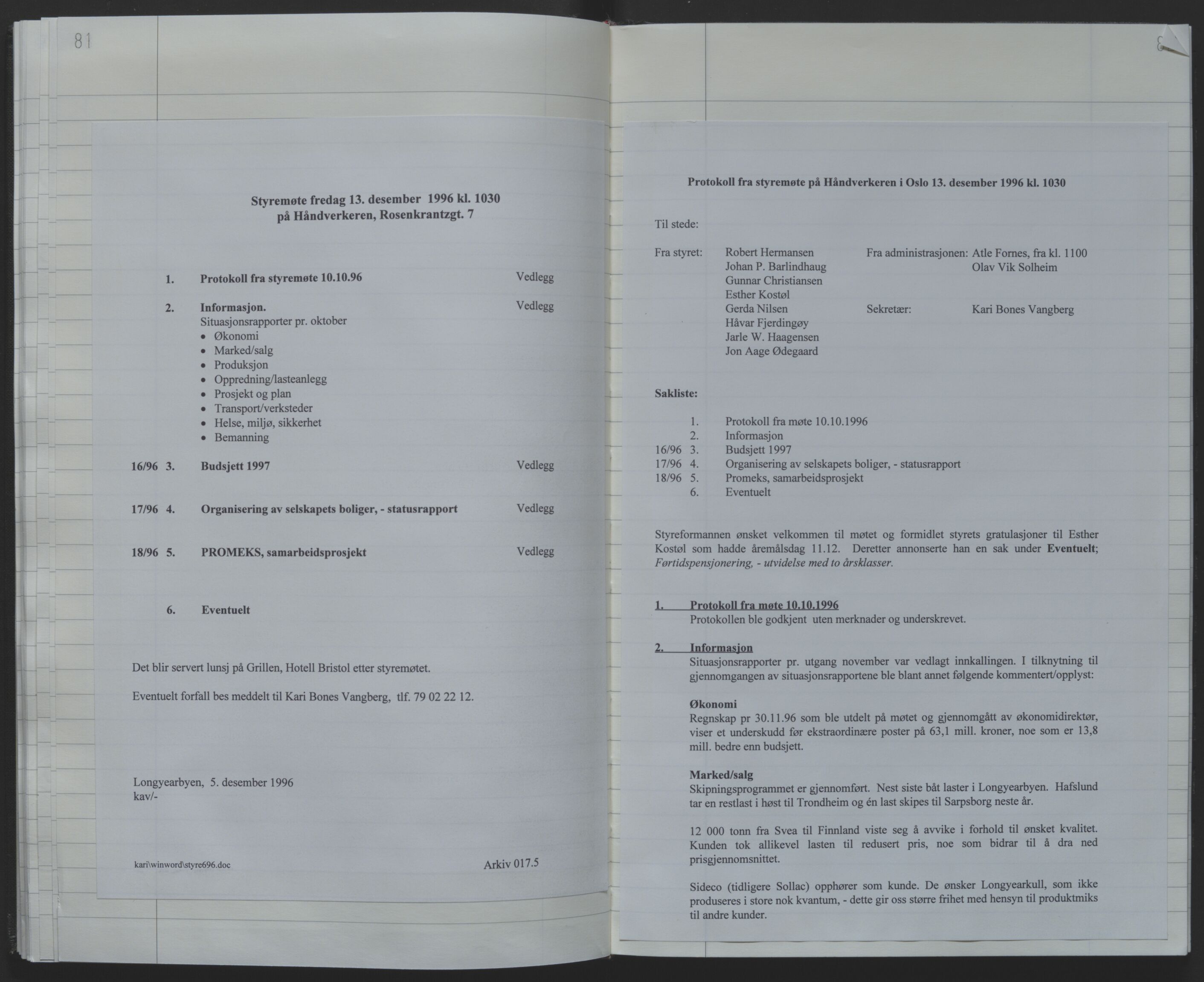 Store Norske Spitsbergen Kulkompani A/S, AV/SATØ-P-0073/09/A/Ab/Aba/L0004: Styreprotokoll 9, 1994-2000, p. 81-82