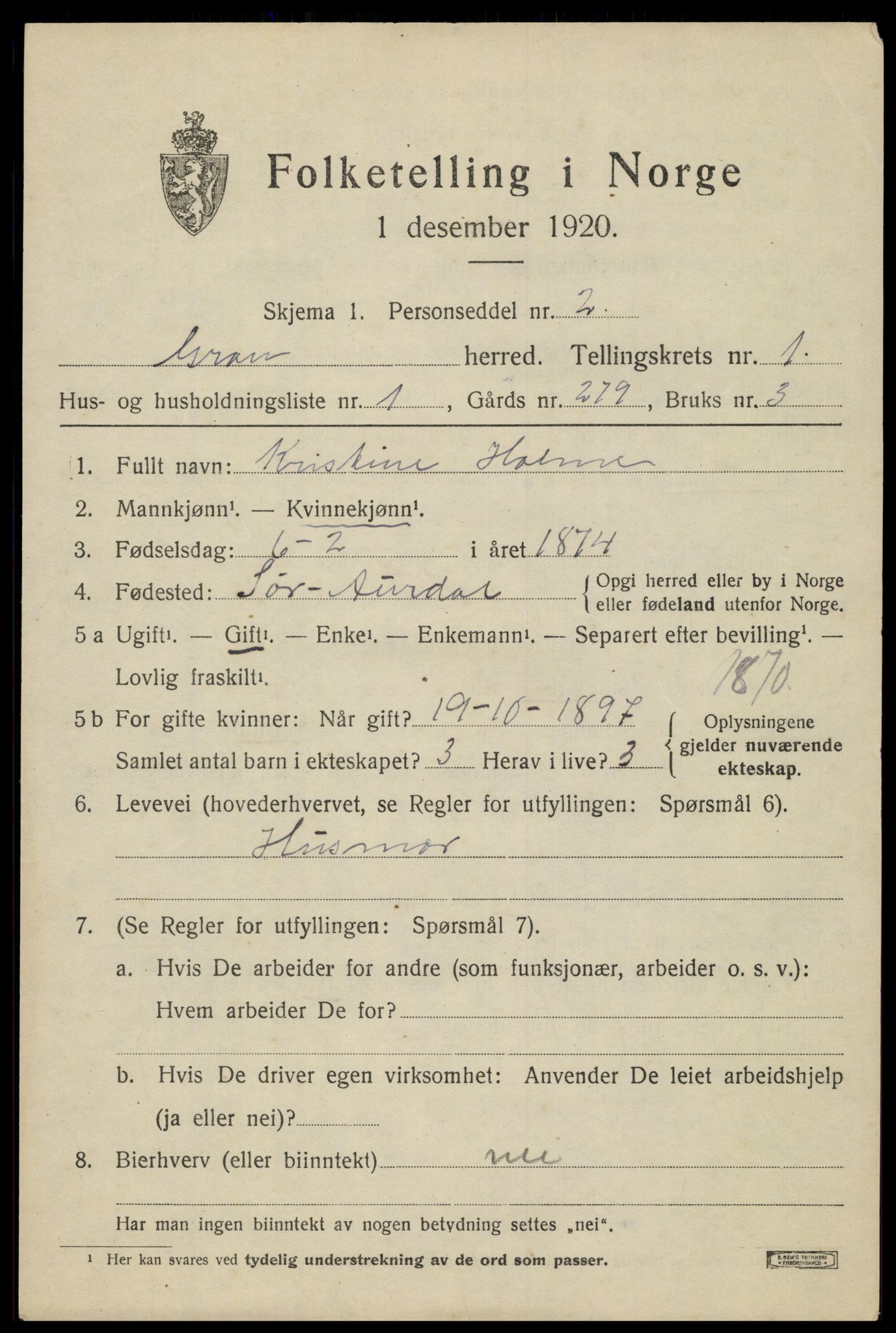 SAH, 1920 census for Gran, 1920, p. 1684