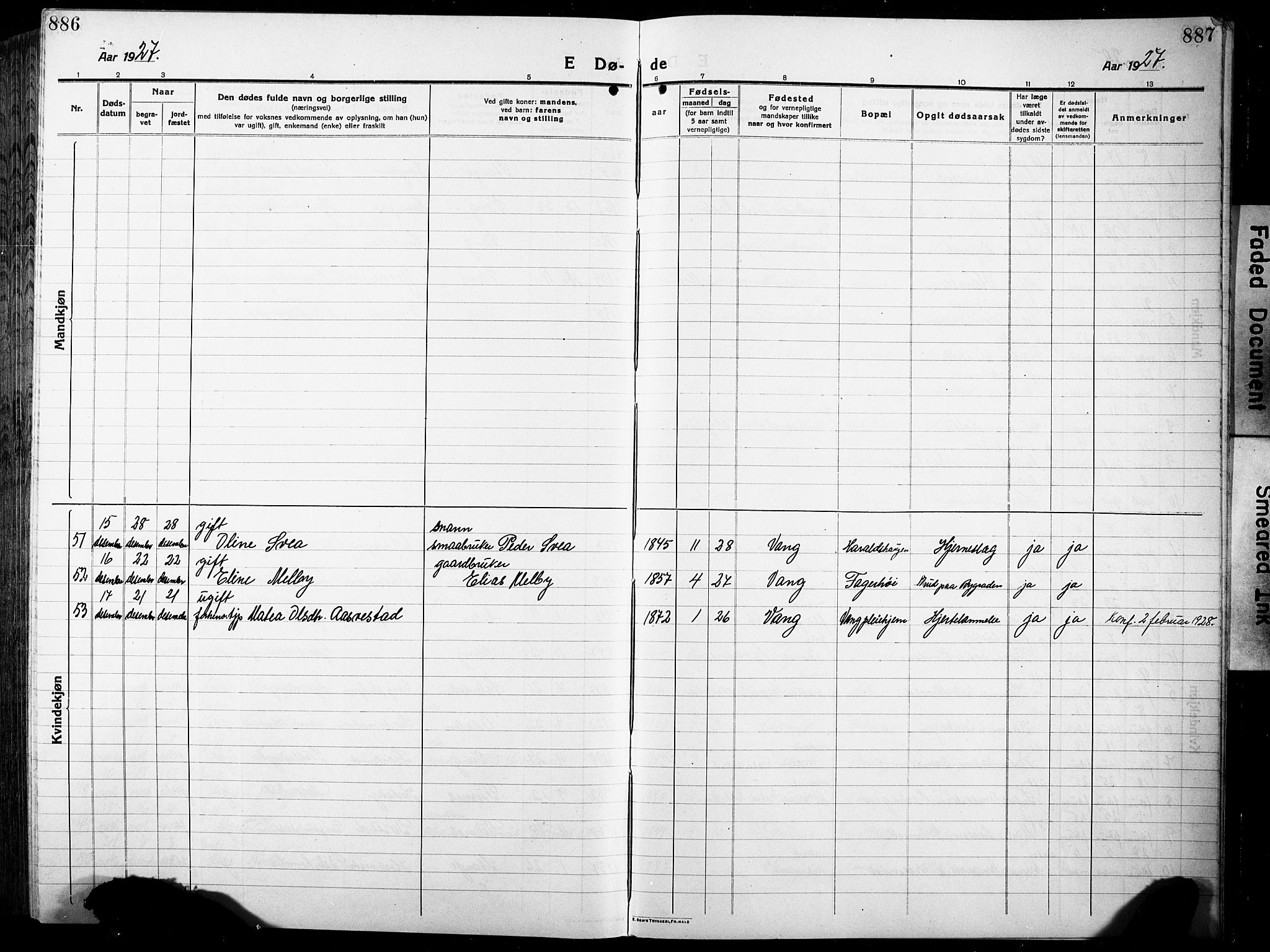 Vang prestekontor, Hedmark, SAH/PREST-008/H/Ha/Hab/L0015: Parish register (copy) no. 15, 1915-1933, p. 886-887