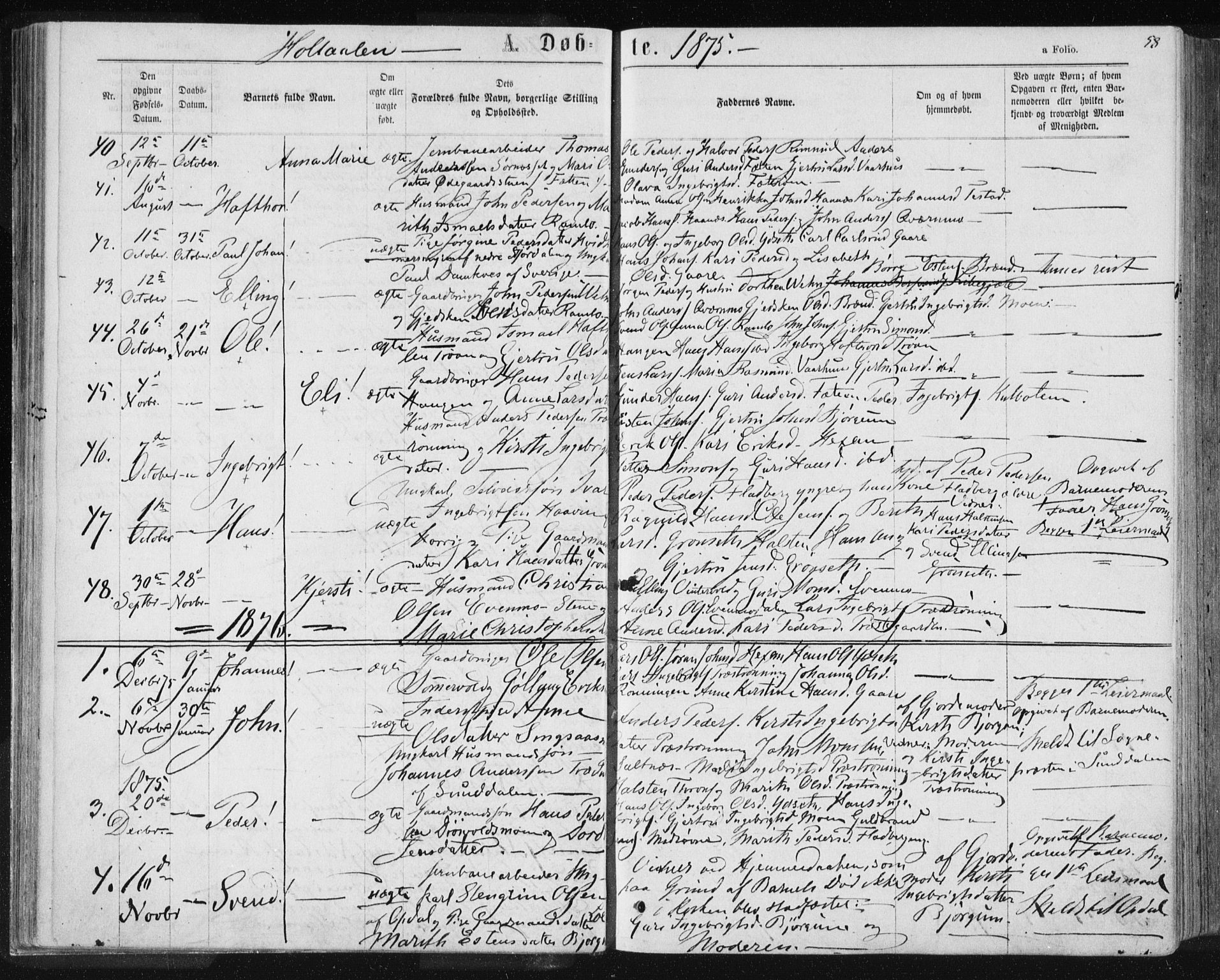 Ministerialprotokoller, klokkerbøker og fødselsregistre - Sør-Trøndelag, SAT/A-1456/685/L0969: Parish register (official) no. 685A08 /1, 1870-1878, p. 58