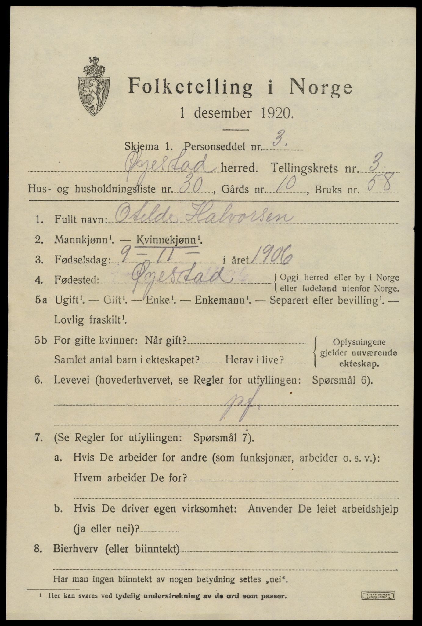 SAK, 1920 census for Øyestad, 1920, p. 2988