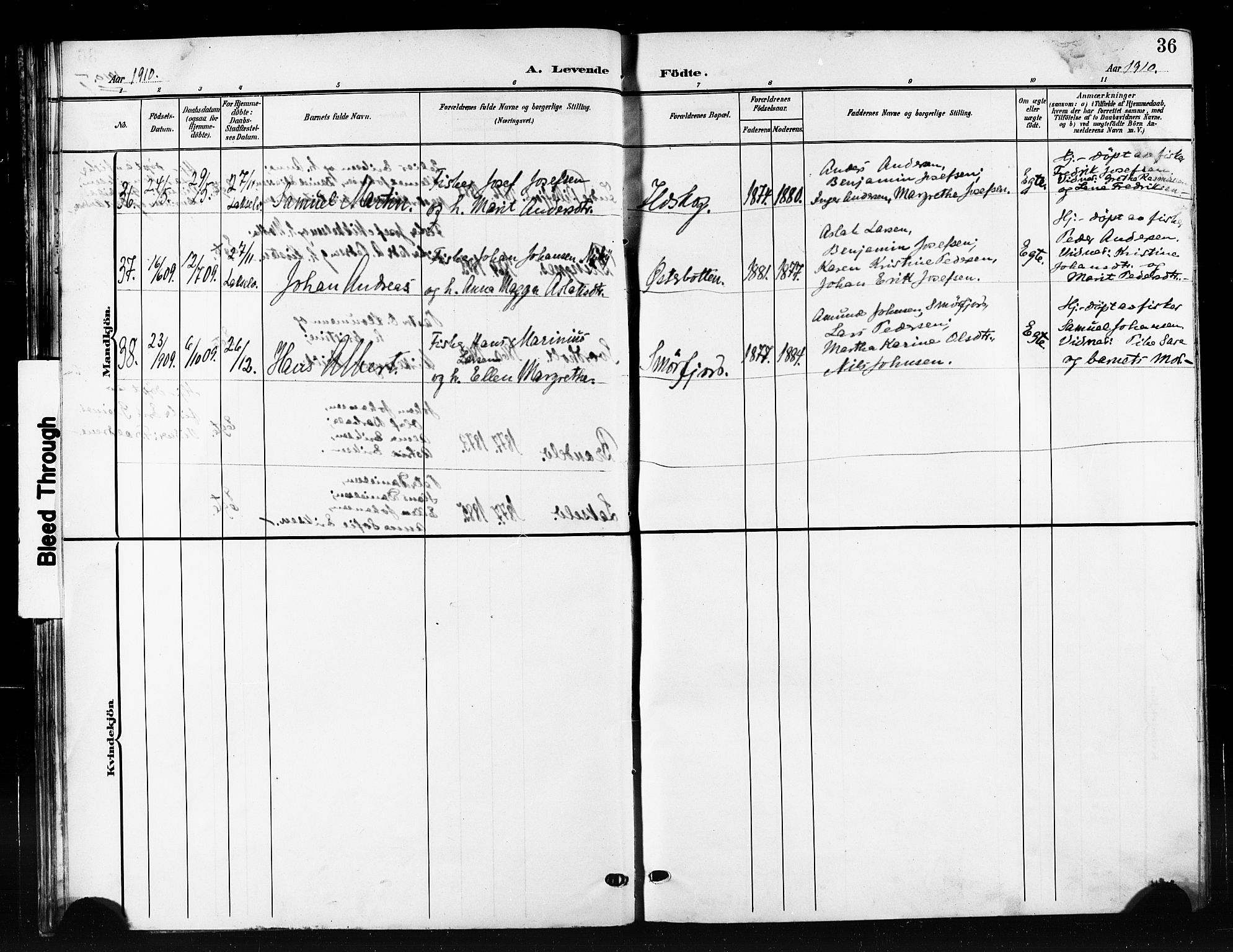 Kistrand/Porsanger sokneprestembete, AV/SATØ-S-1351/H/Hb/L0006.klokk: Parish register (copy) no. 6, 1905-1917, p. 36