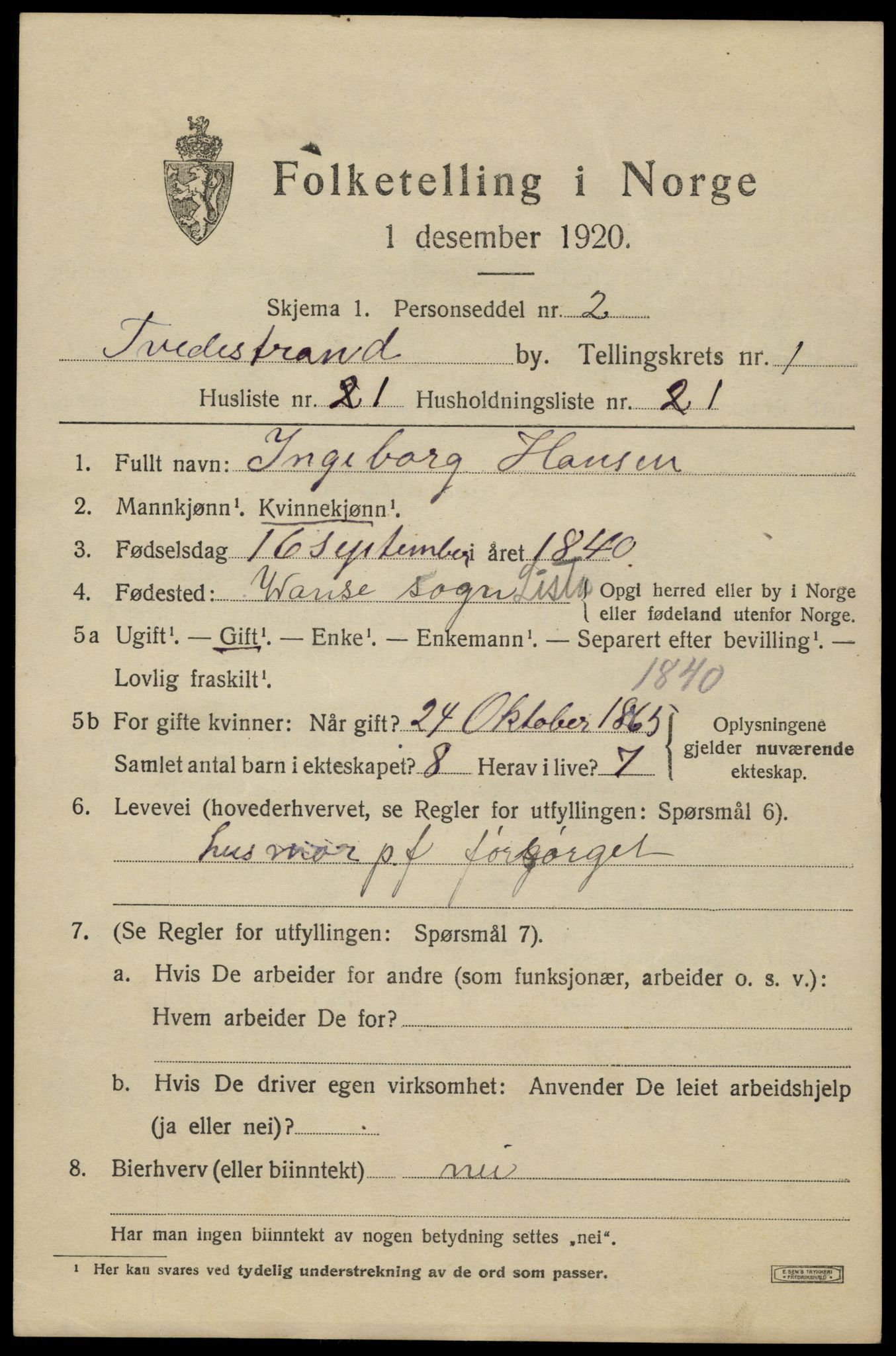 SAK, 1920 census for Tvedestrand, 1920, p. 1345