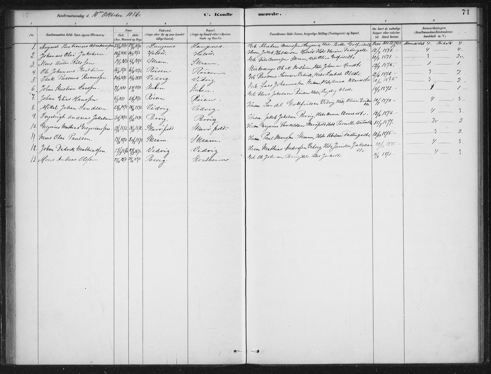 Selje sokneprestembete, AV/SAB-A-99938/H/Ha/Haa/Haac/L0001: Parish register (official) no. C  1, 1881-1888, p. 71