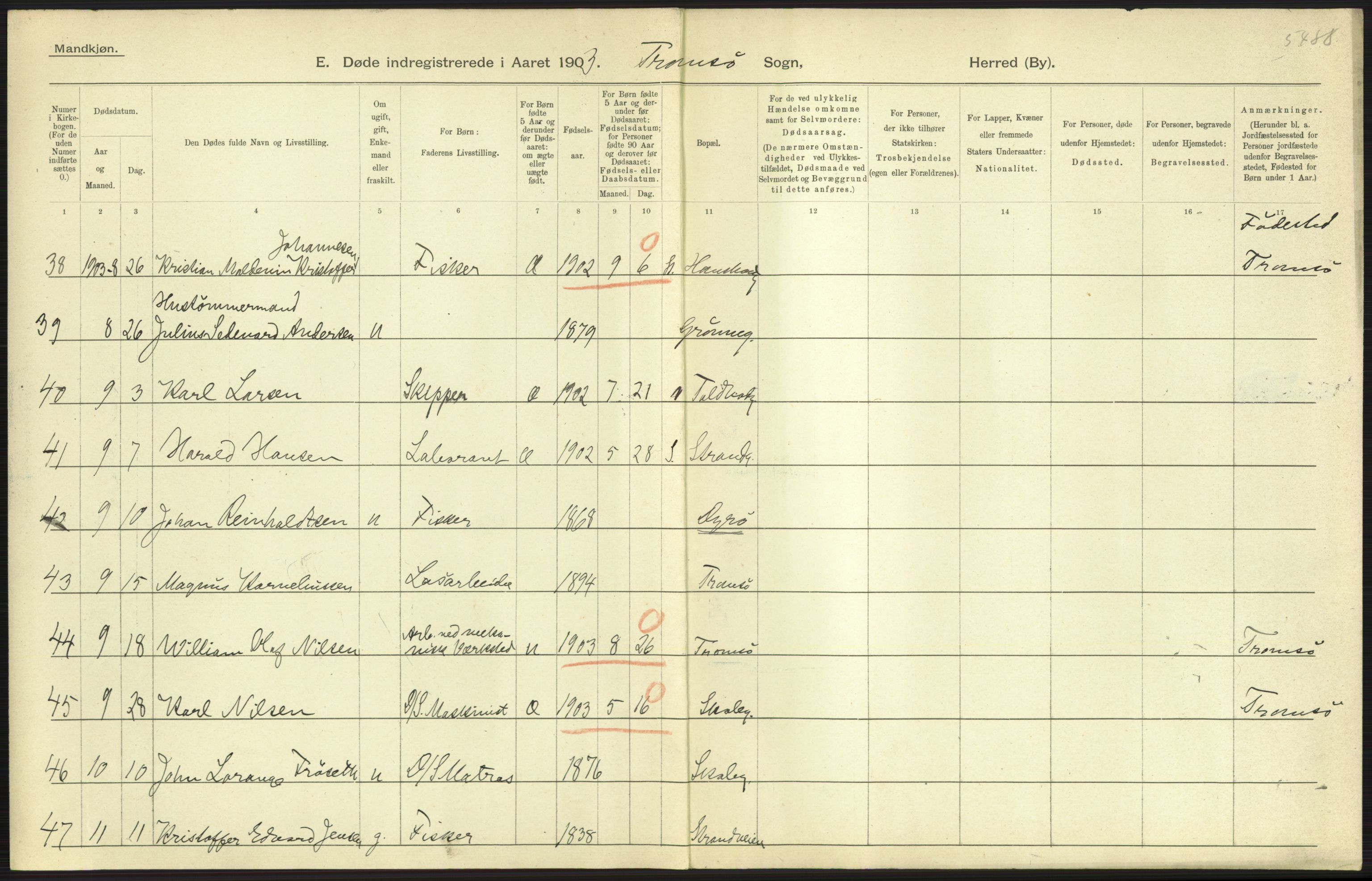 Statistisk sentralbyrå, Sosiodemografiske emner, Befolkning, AV/RA-S-2228/D/Df/Dfa/Dfaa/L0021: Tromsø amt: Fødte, gifte, døde., 1903, p. 531