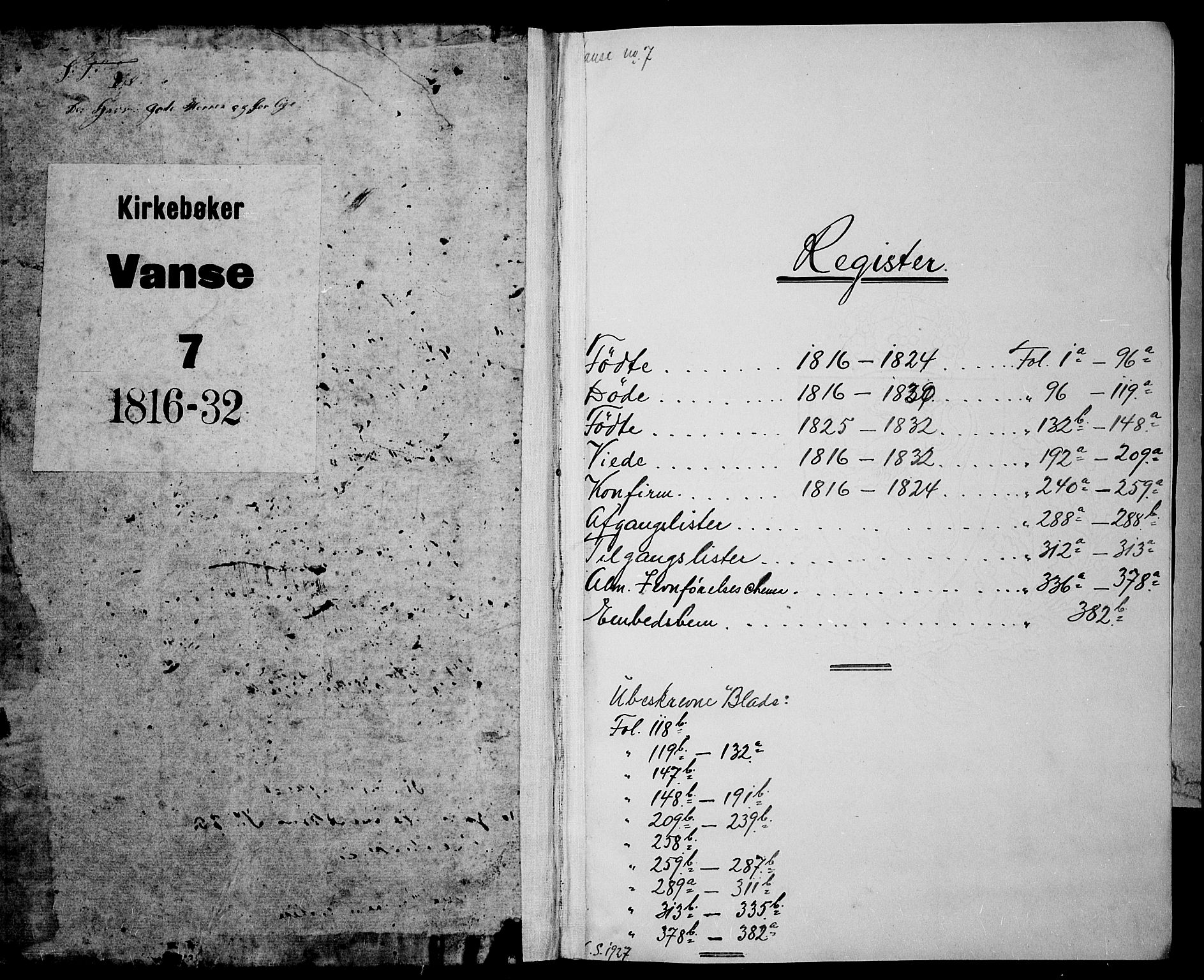 Lista sokneprestkontor, SAK/1111-0027/F/Fb/L0001: Parish register (copy) no. B 1, 1816-1832