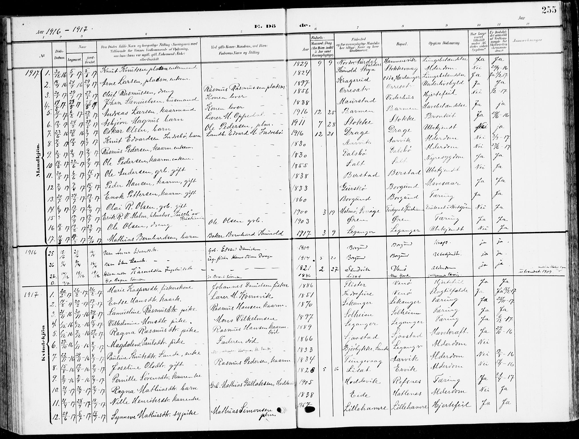 Selje sokneprestembete, AV/SAB-A-99938/H/Ha/Haa/Haab: Parish register (official) no. B 3, 1908-1923, p. 255