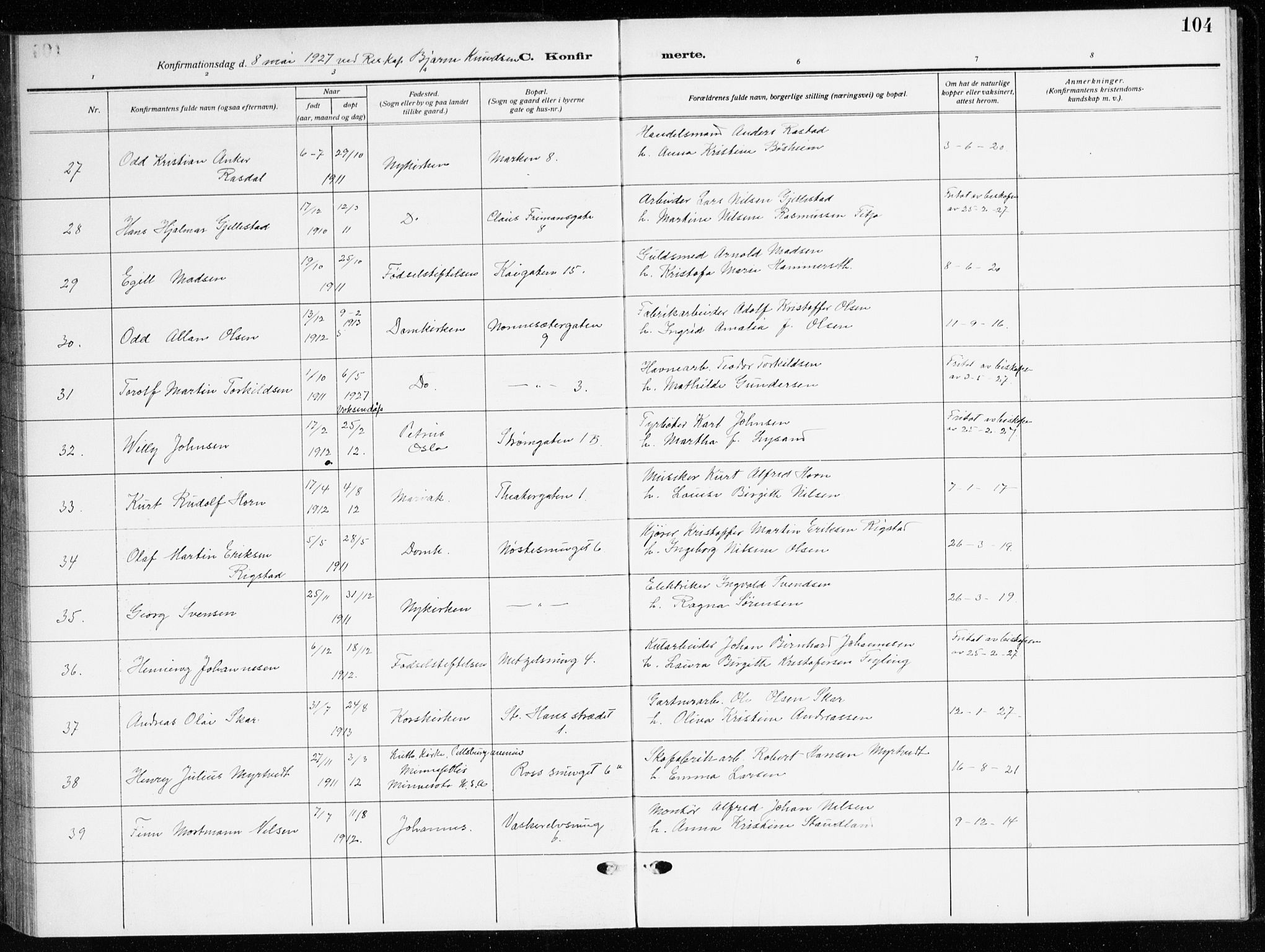 Domkirken sokneprestembete, AV/SAB-A-74801/H/Haa/L0032: Parish register (official) no. C 7, 1915-1930, p. 104