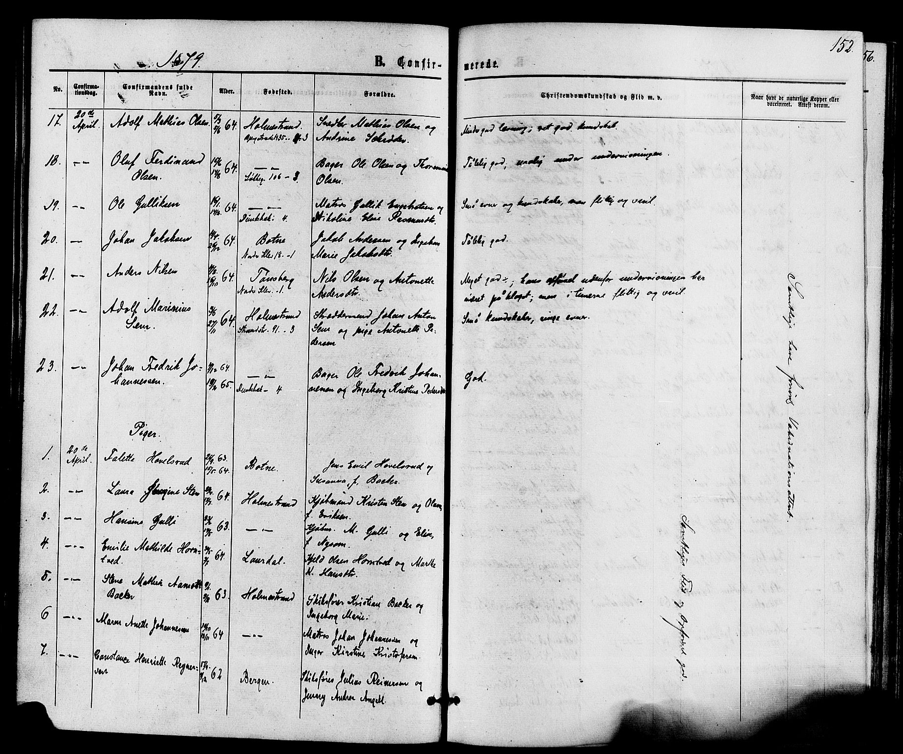 Holmestrand kirkebøker, SAKO/A-346/F/Fa/L0003: Parish register (official) no. 3, 1867-1879, p. 152