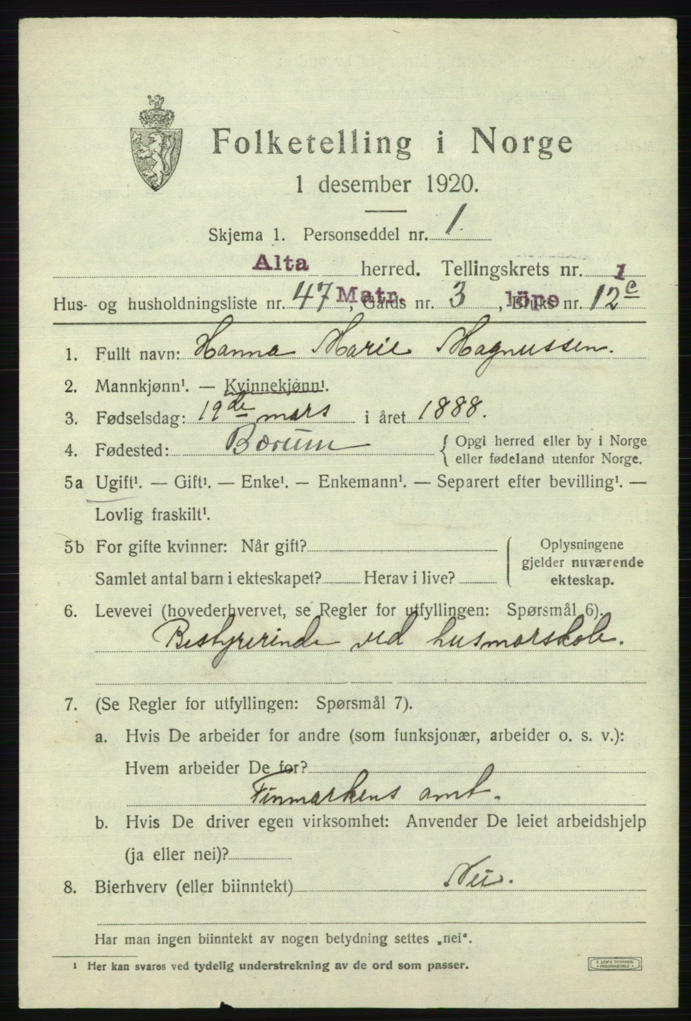 SATØ, 1920 census for Alta, 1920, p. 1623