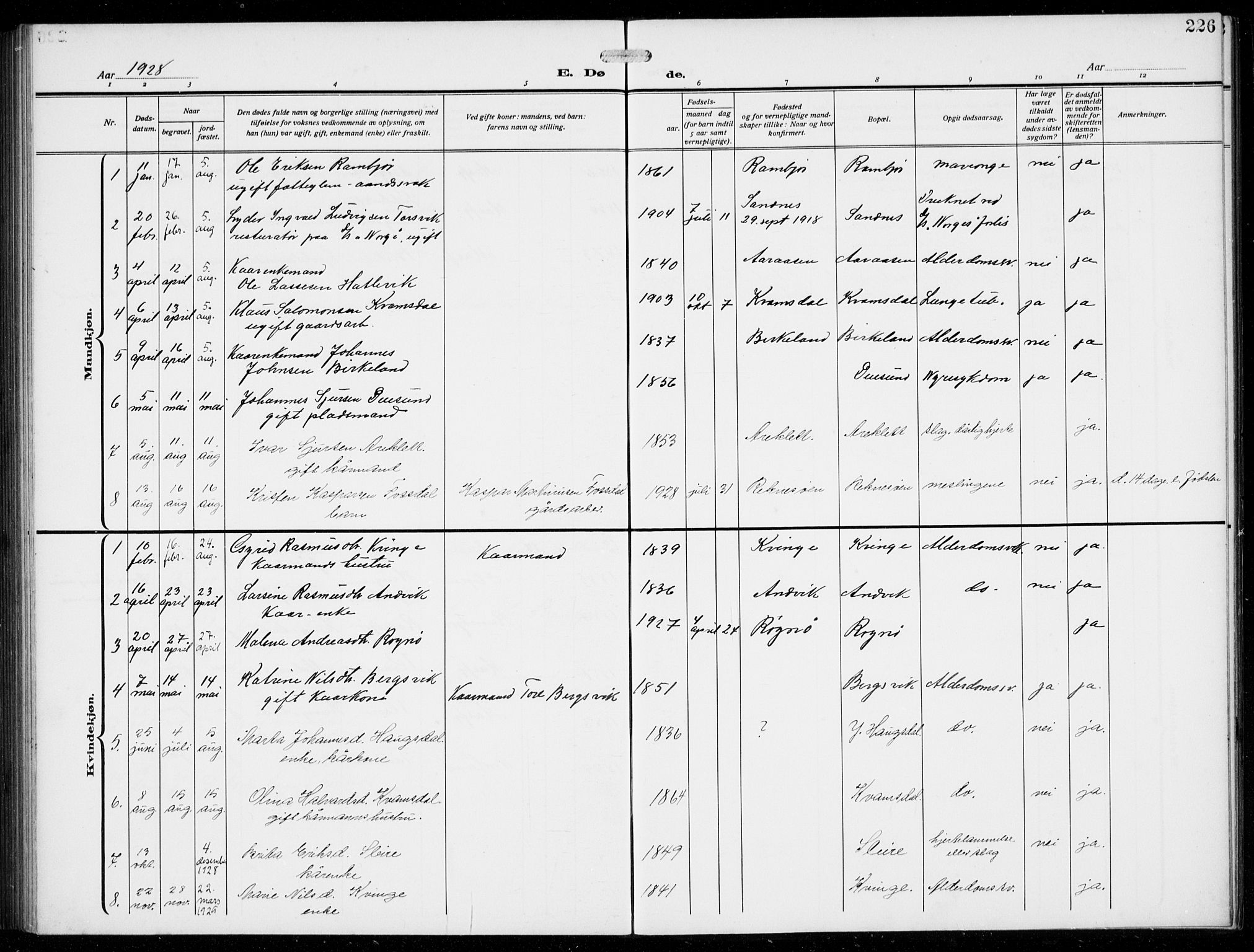 Masfjorden Sokneprestembete, SAB/A-77001: Parish register (copy) no. B  2, 1912-1939, p. 226
