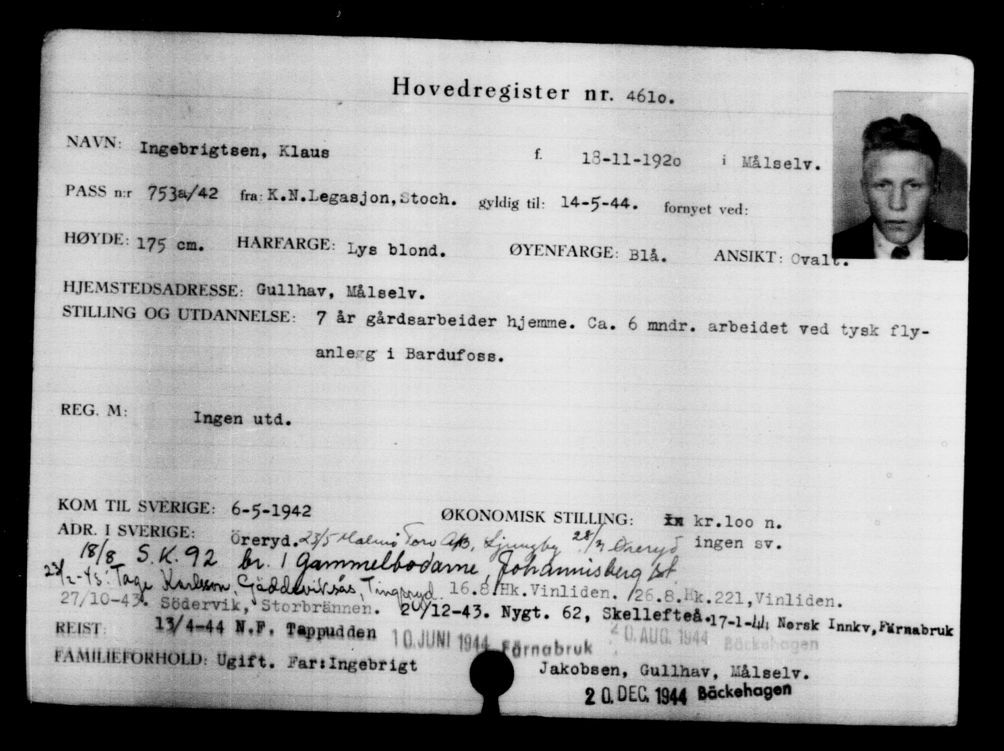Utenriksstasjonene, Legasjonen i Stockholm, Flyktningkontoret, AV/RA-S-6753/V/Va/L0004: Kjesäterkartoteket, flyktninger med registreringsnr. 3496-6610, 1940-1945, p. 1322