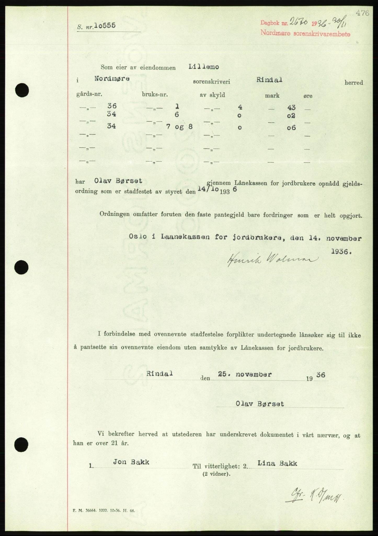 Nordmøre sorenskriveri, AV/SAT-A-4132/1/2/2Ca/L0090: Mortgage book no. B80, 1936-1937, Diary no: : 2670/1936