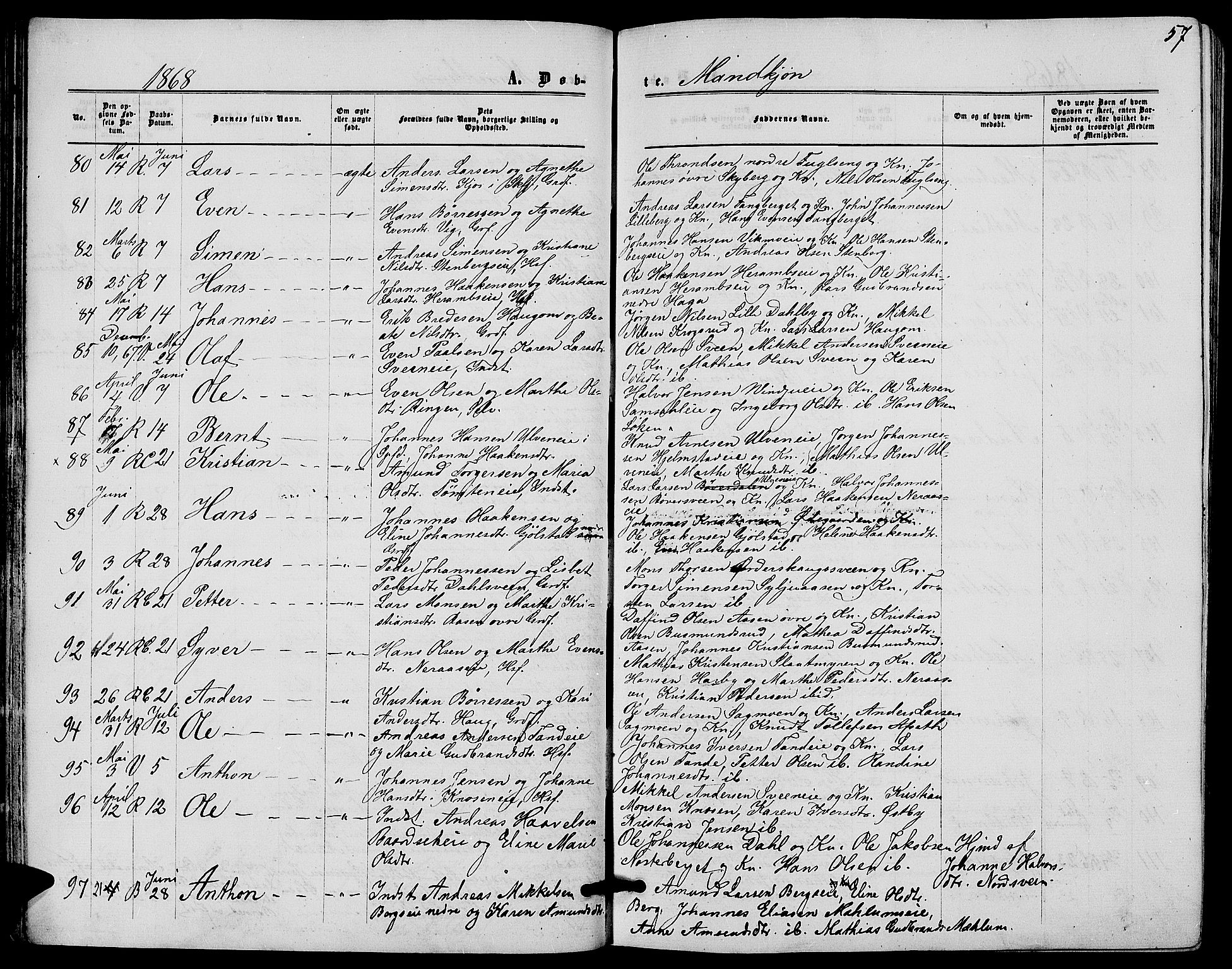 Ringsaker prestekontor, AV/SAH-PREST-014/L/La/L0007: Parish register (copy) no. 7, 1861-1869, p. 57