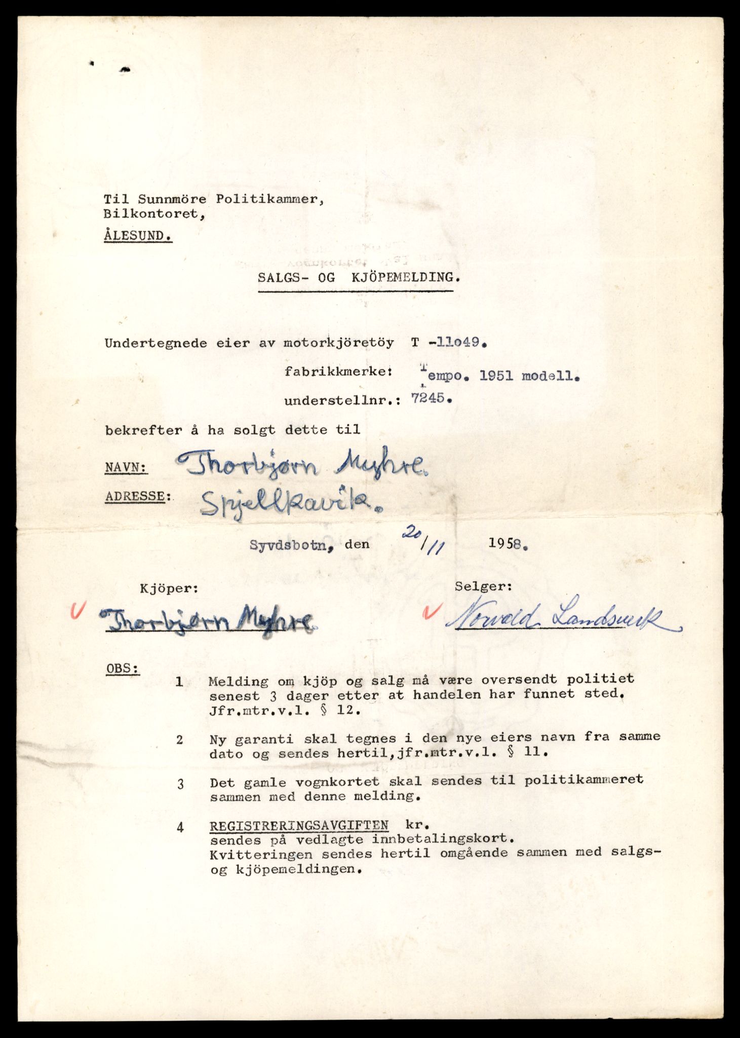 Møre og Romsdal vegkontor - Ålesund trafikkstasjon, SAT/A-4099/F/Fe/L0026: Registreringskort for kjøretøy T 11046 - T 11160, 1927-1998, p. 71