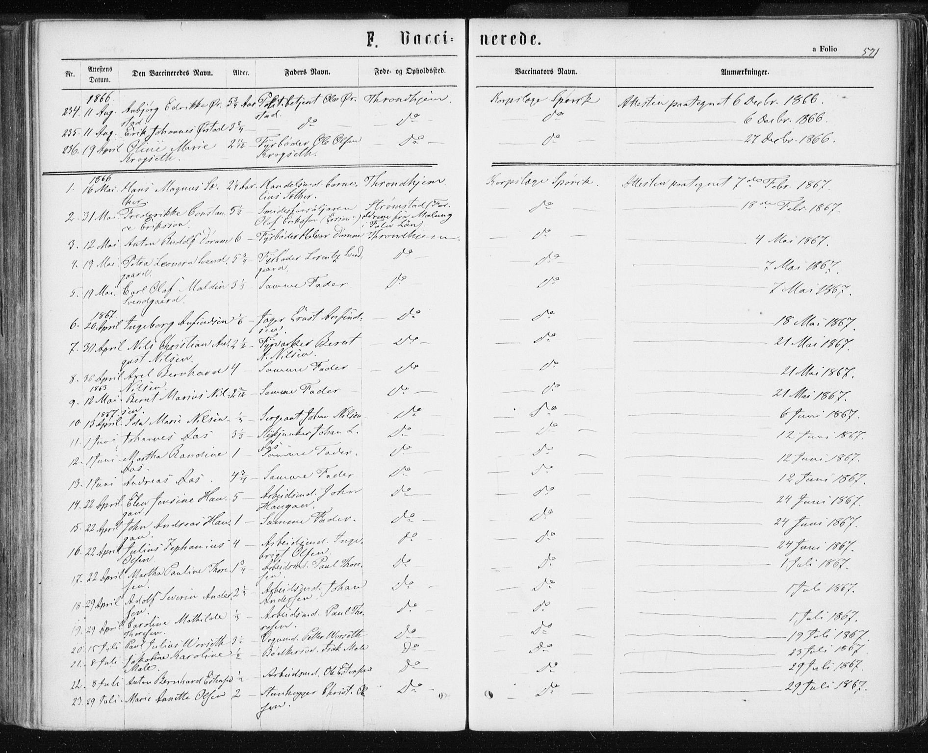 Ministerialprotokoller, klokkerbøker og fødselsregistre - Sør-Trøndelag, SAT/A-1456/601/L0055: Parish register (official) no. 601A23, 1866-1877, p. 571