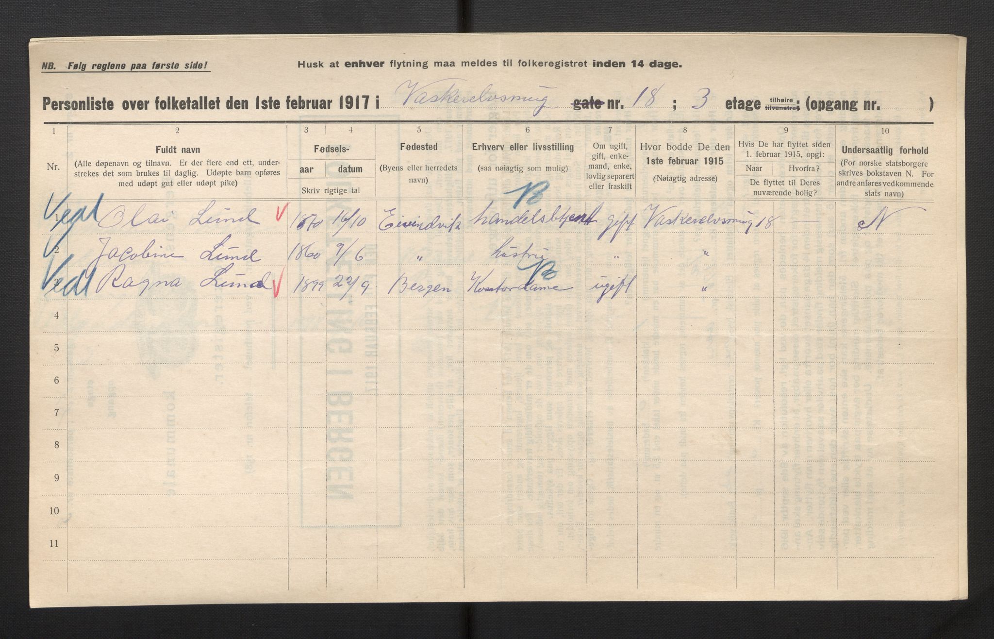 SAB, Municipal Census 1917 for Bergen, 1917, p. 43759