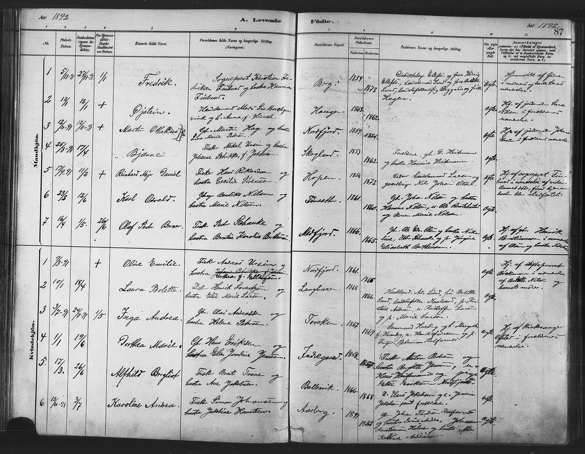 Berg sokneprestkontor, AV/SATØ-S-1318/G/Ga/Gaa/L0004kirke: Parish register (official) no. 4, 1880-1894, p. 87