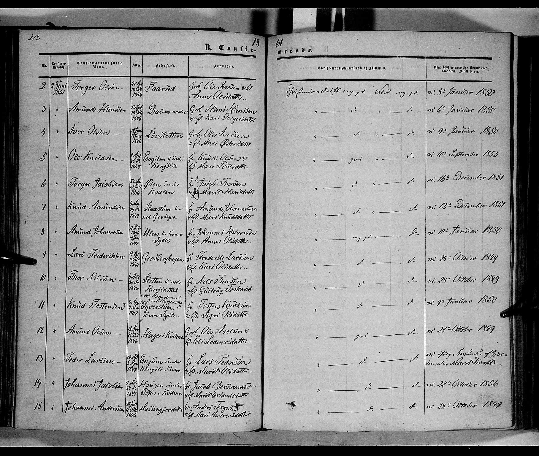 Nord-Fron prestekontor, SAH/PREST-080/H/Ha/Haa/L0001: Parish register (official) no. 1, 1851-1864, p. 212