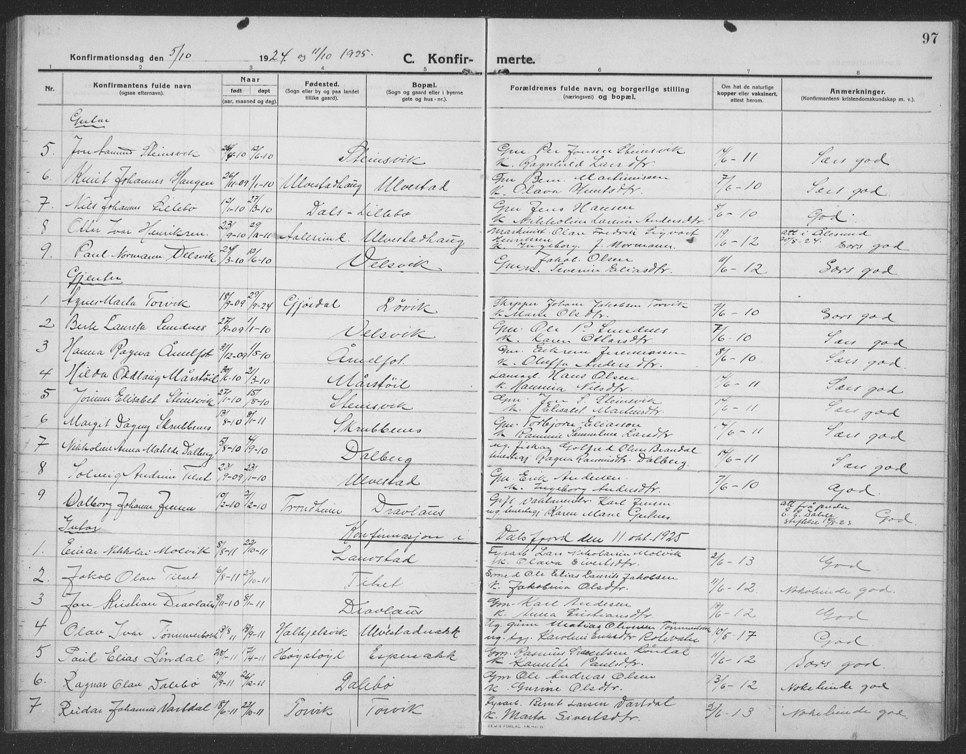 Ministerialprotokoller, klokkerbøker og fødselsregistre - Møre og Romsdal, AV/SAT-A-1454/512/L0169: Parish register (copy) no. 512C01, 1910-1935, p. 97