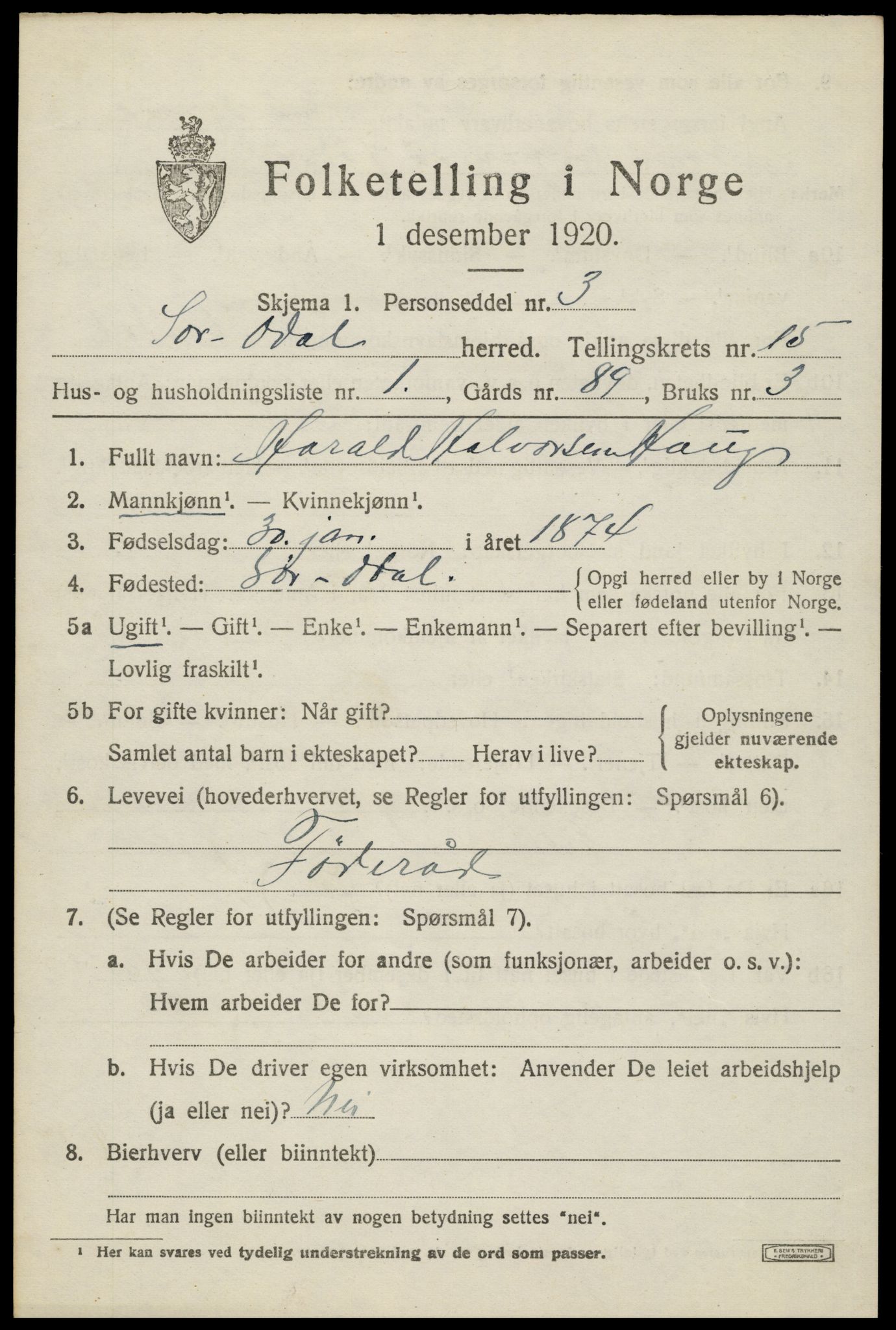 SAH, 1920 census for Sør-Odal, 1920, p. 15137