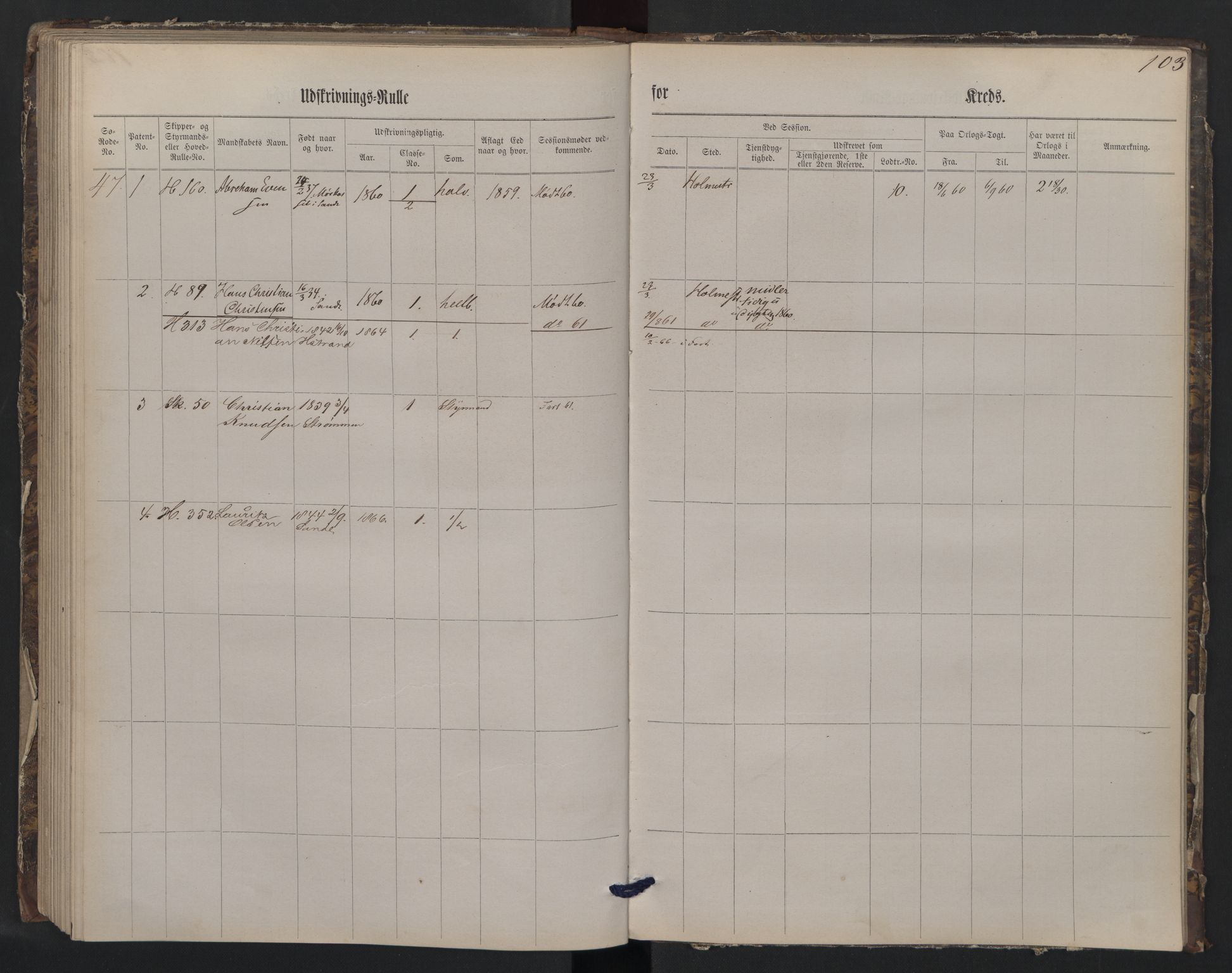 Holmestrand innrulleringskontor, AV/SAKO-A-1151/G/Gb/L0001: Utskrivningsrulle, 1860, p. 103