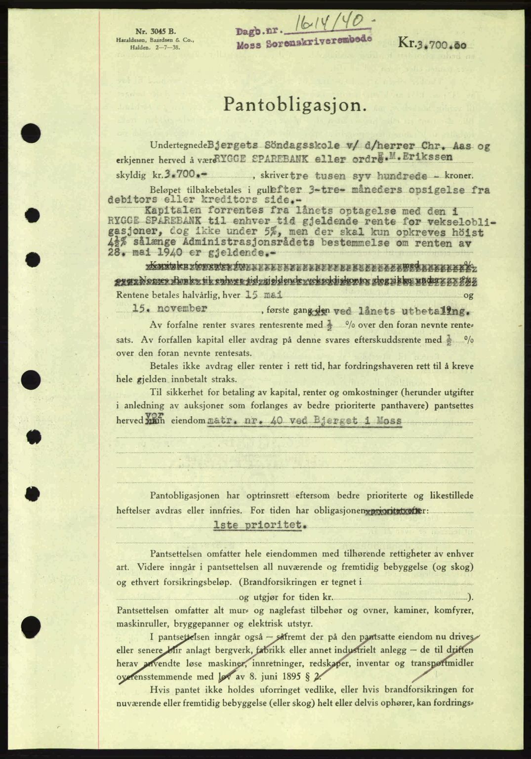 Moss sorenskriveri, SAO/A-10168: Mortgage book no. B10, 1940-1941, Diary no: : 1614/1940