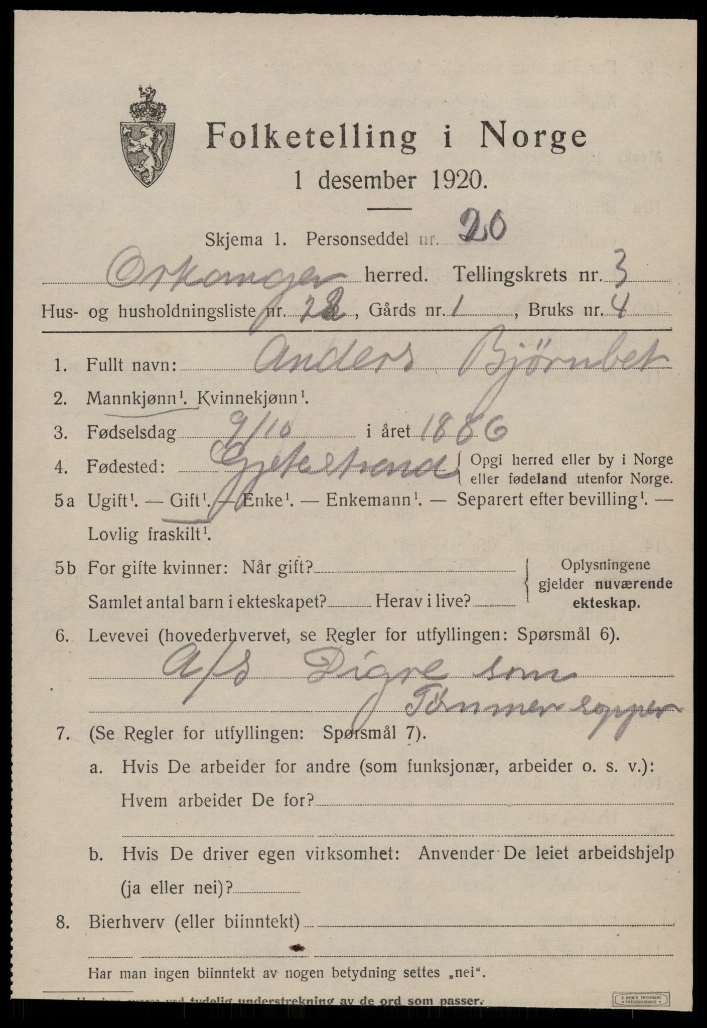 SAT, 1920 census for Orkanger, 1920, p. 2111