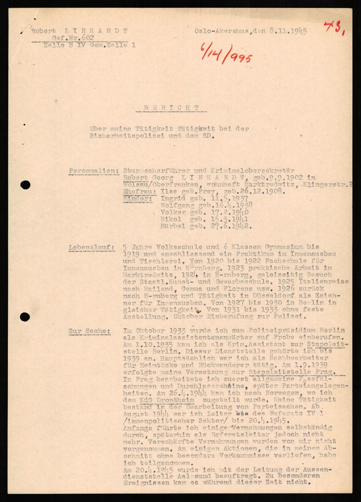 Forsvaret, Forsvarets overkommando II, RA/RAFA-3915/D/Db/L0020: CI Questionaires. Tyske okkupasjonsstyrker i Norge. Tyskere., 1945-1946, p. 205