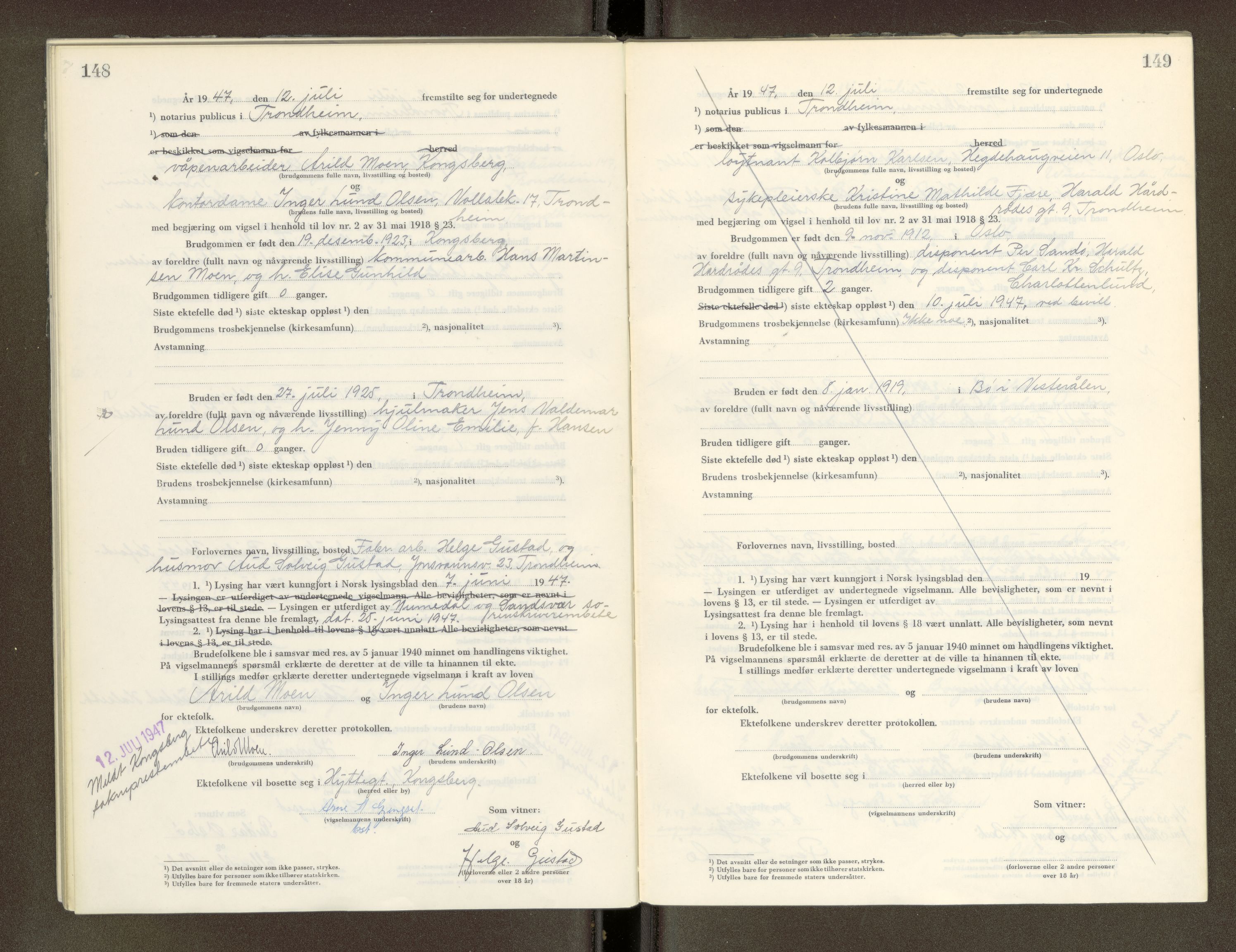 Trondheim byfogd, AV/SAT-A-0003/1/6/6D/L0005: Vigselbøker, 1944-1948, p. 148-149