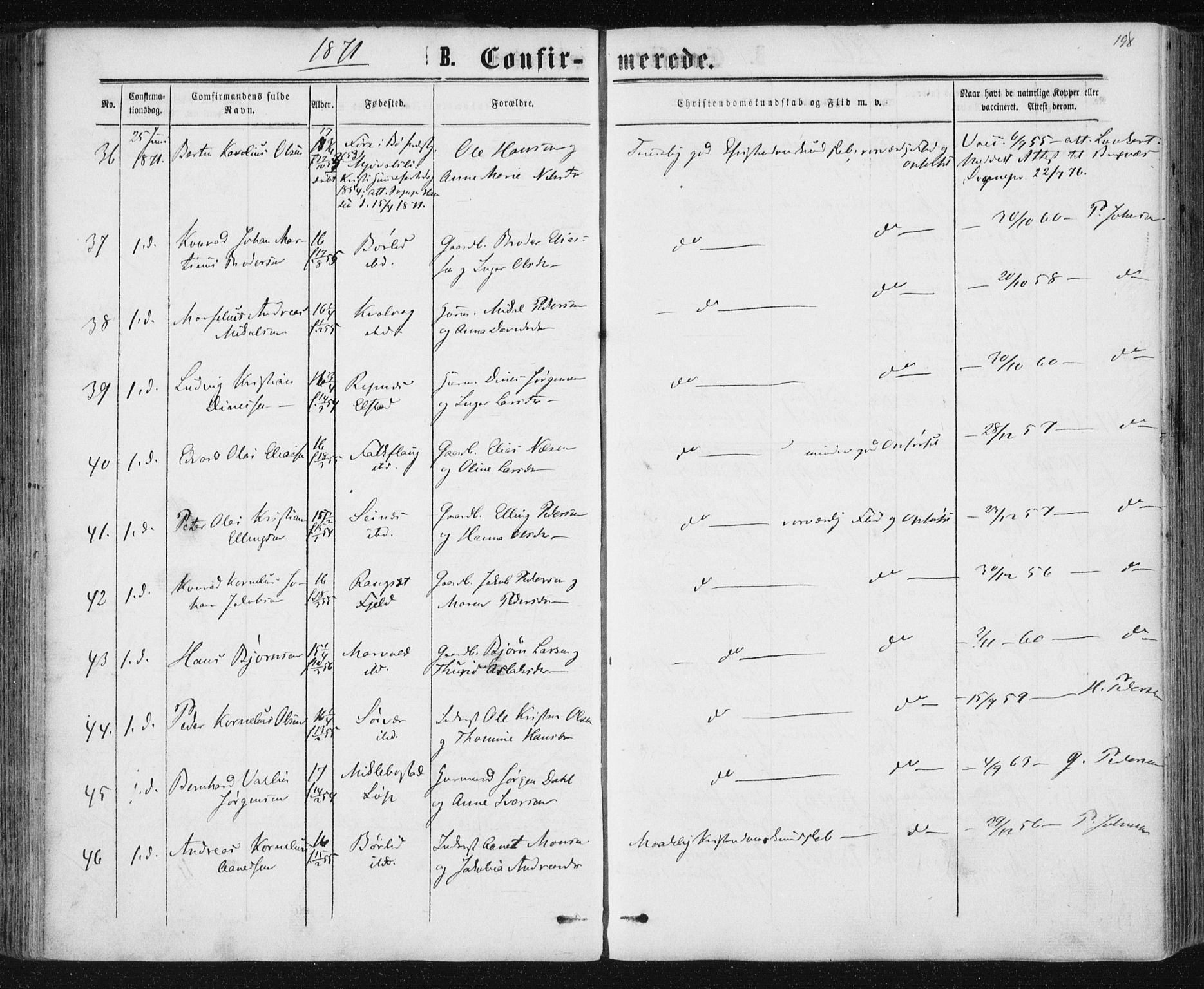 Ministerialprotokoller, klokkerbøker og fødselsregistre - Nordland, AV/SAT-A-1459/801/L0008: Parish register (official) no. 801A08, 1864-1875, p. 198