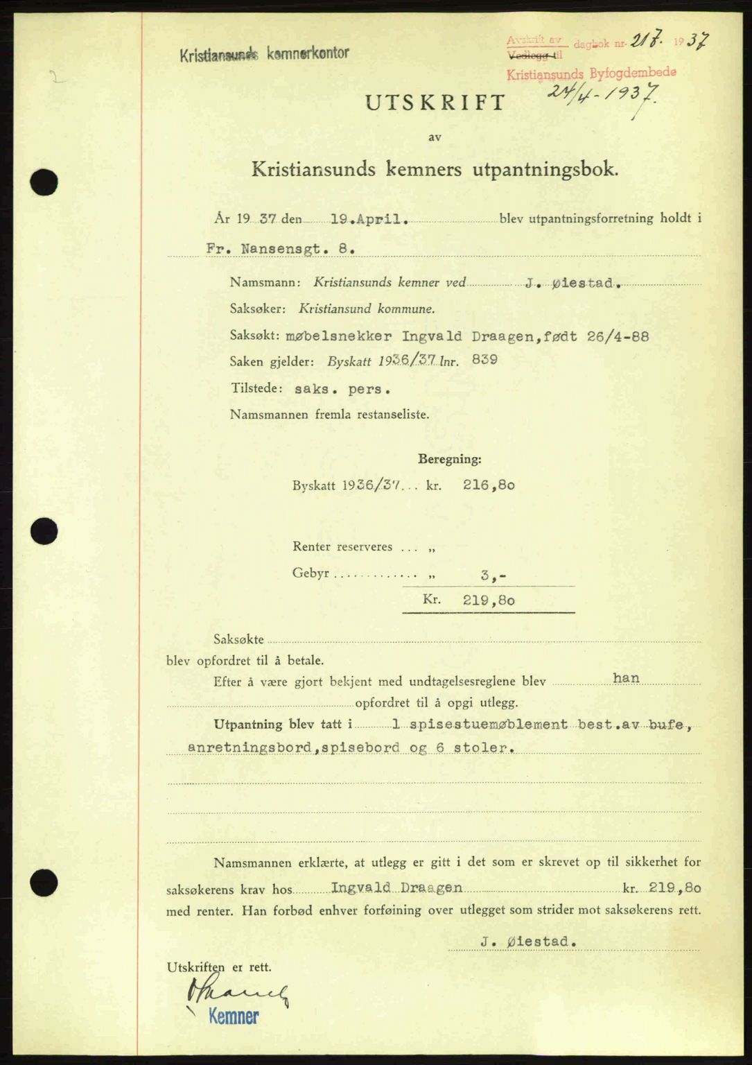 Kristiansund byfogd, AV/SAT-A-4587/A/27: Mortgage book no. 29, 1936-1937, Diary no: : 217/1937