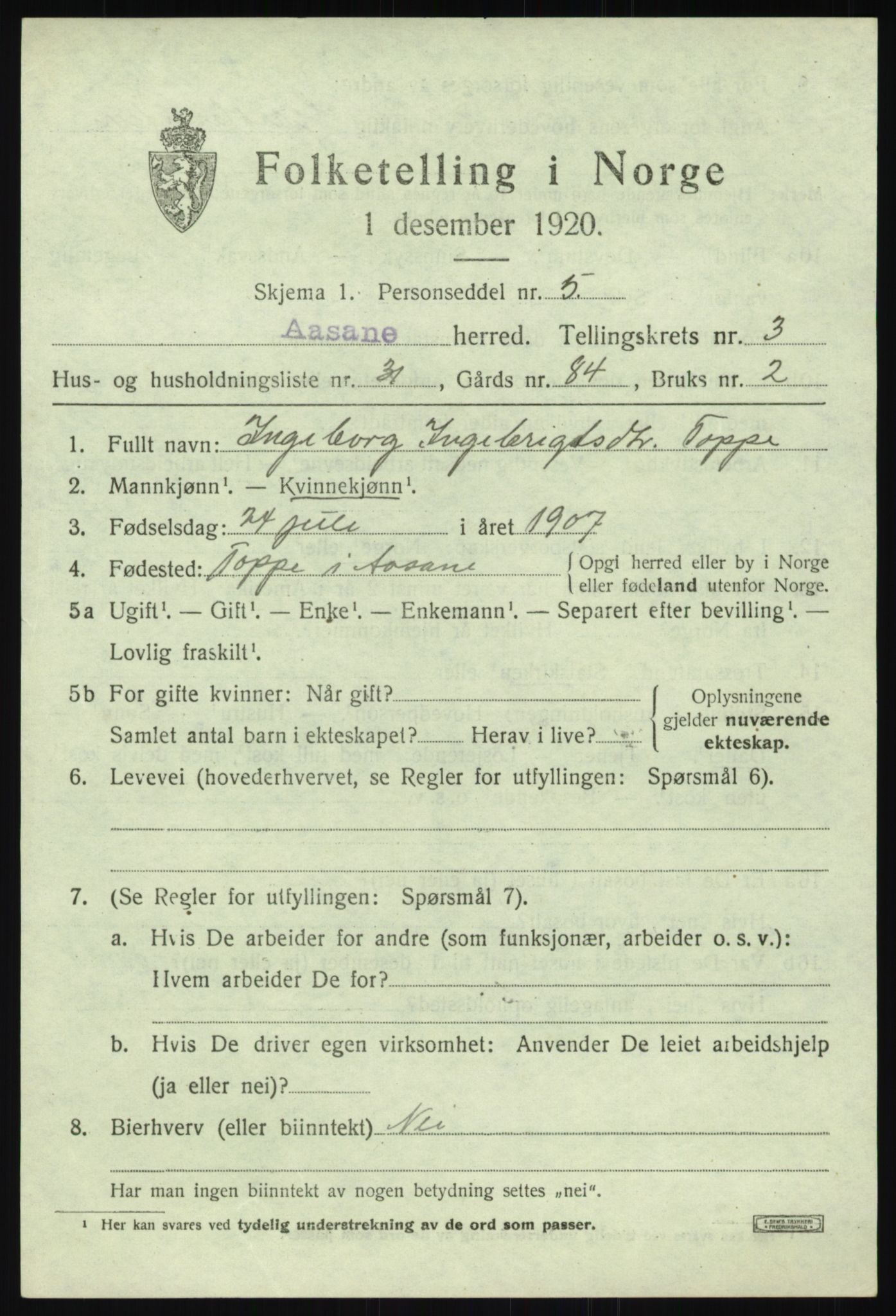 SAB, 1920 census for Åsane, 1920, p. 2435