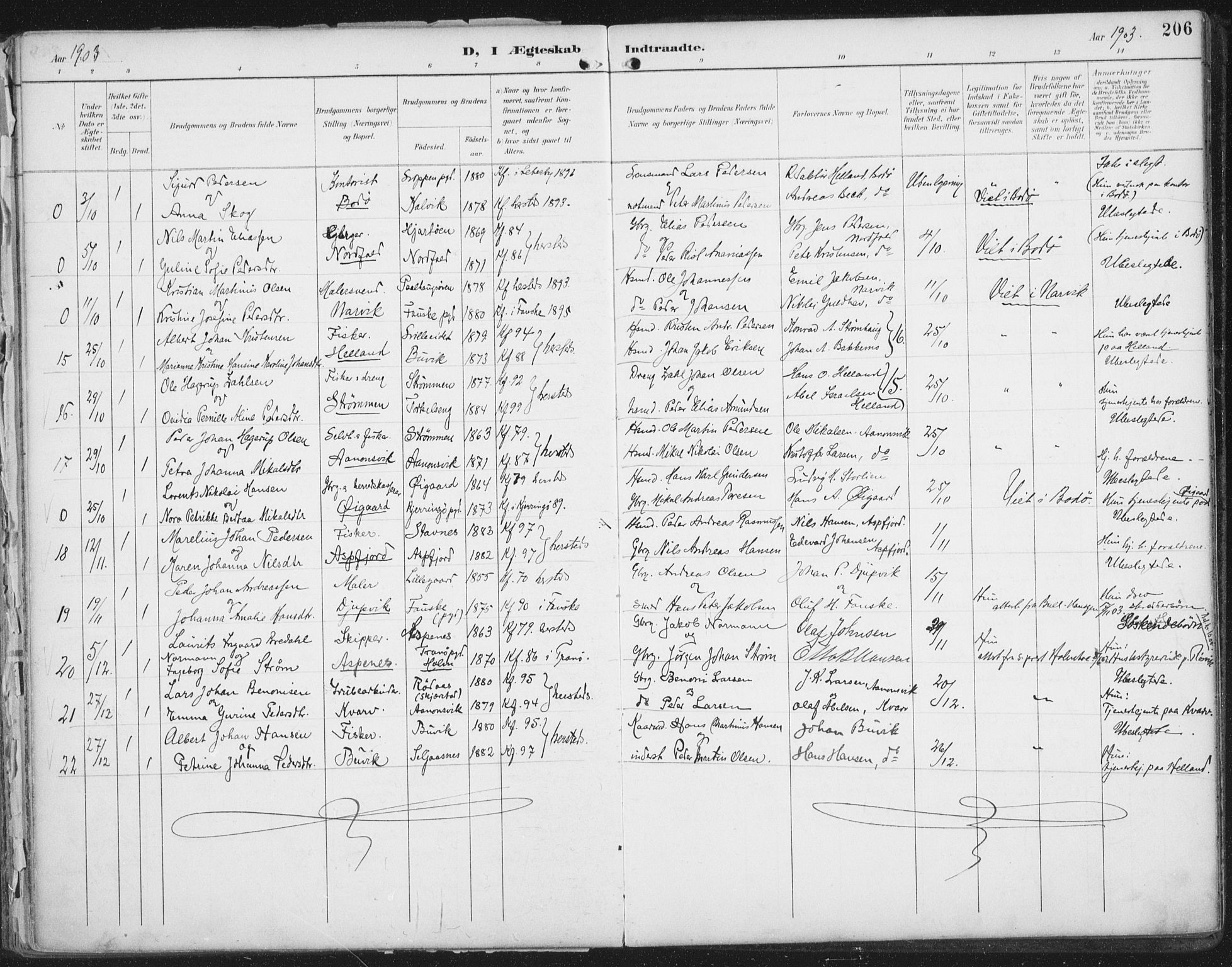 Ministerialprotokoller, klokkerbøker og fødselsregistre - Nordland, AV/SAT-A-1459/854/L0779: Parish register (official) no. 854A02, 1892-1909, p. 206