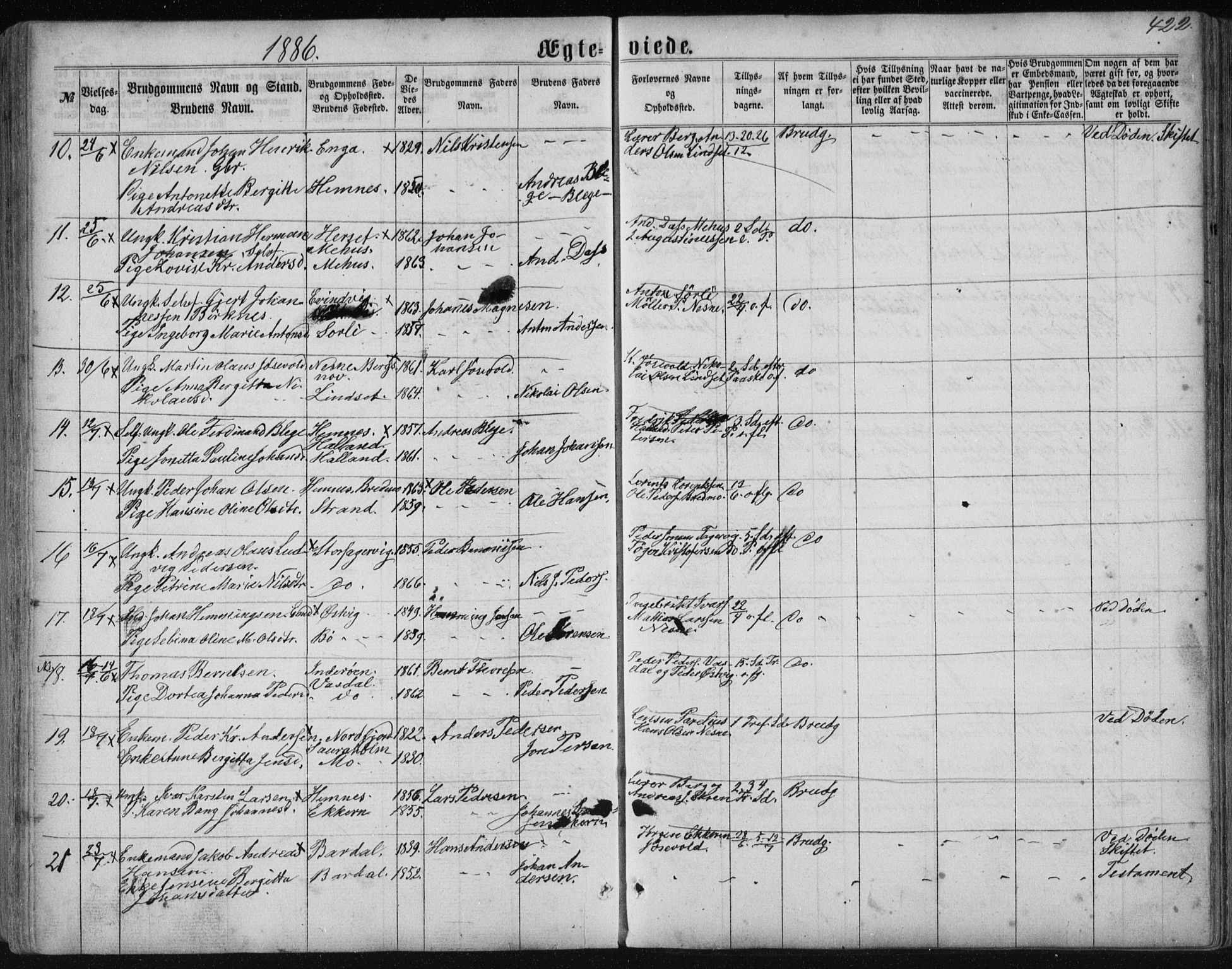 Ministerialprotokoller, klokkerbøker og fødselsregistre - Nordland, AV/SAT-A-1459/838/L0556: Parish register (copy) no. 838C03, 1861-1893, p. 422