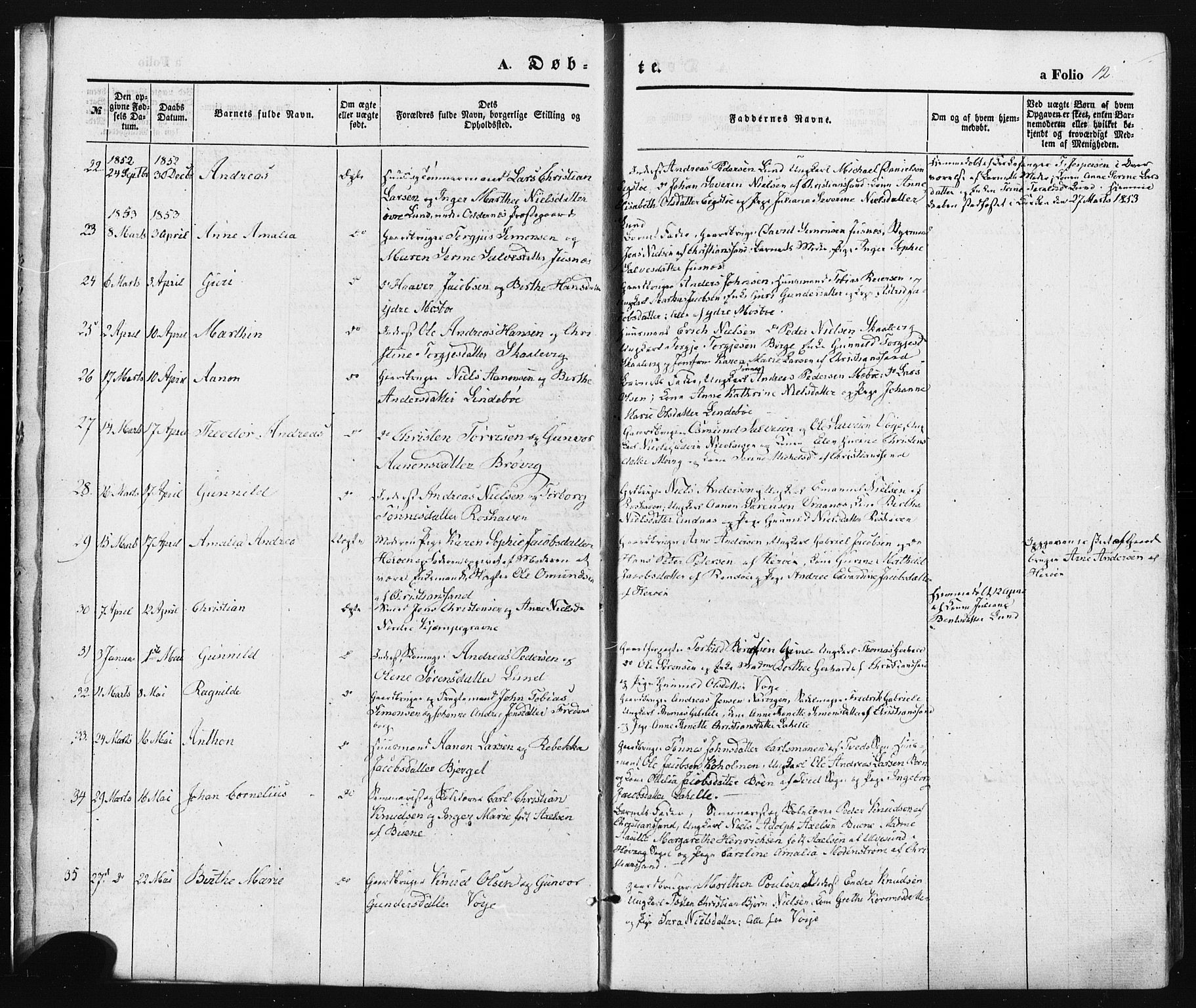 Oddernes sokneprestkontor, AV/SAK-1111-0033/F/Fa/Faa/L0007: Parish register (official) no. A 7, 1851-1863, p. 12