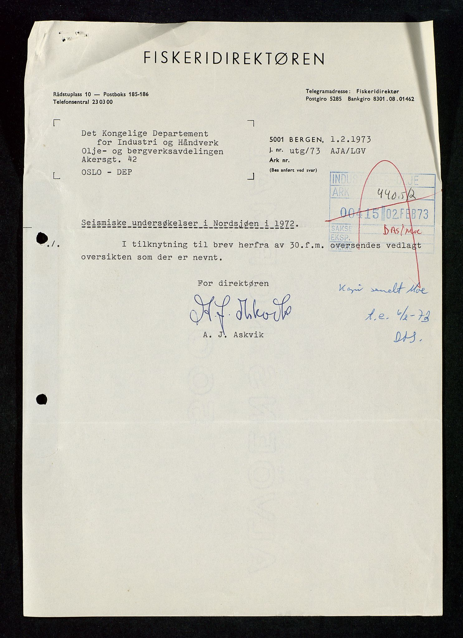 Industridepartementet, Oljekontoret, AV/SAST-A-101348/Da/L0007:  Arkivnøkkel 714 - 722 Seismiske undersøkelser, 1965-1973, p. 614