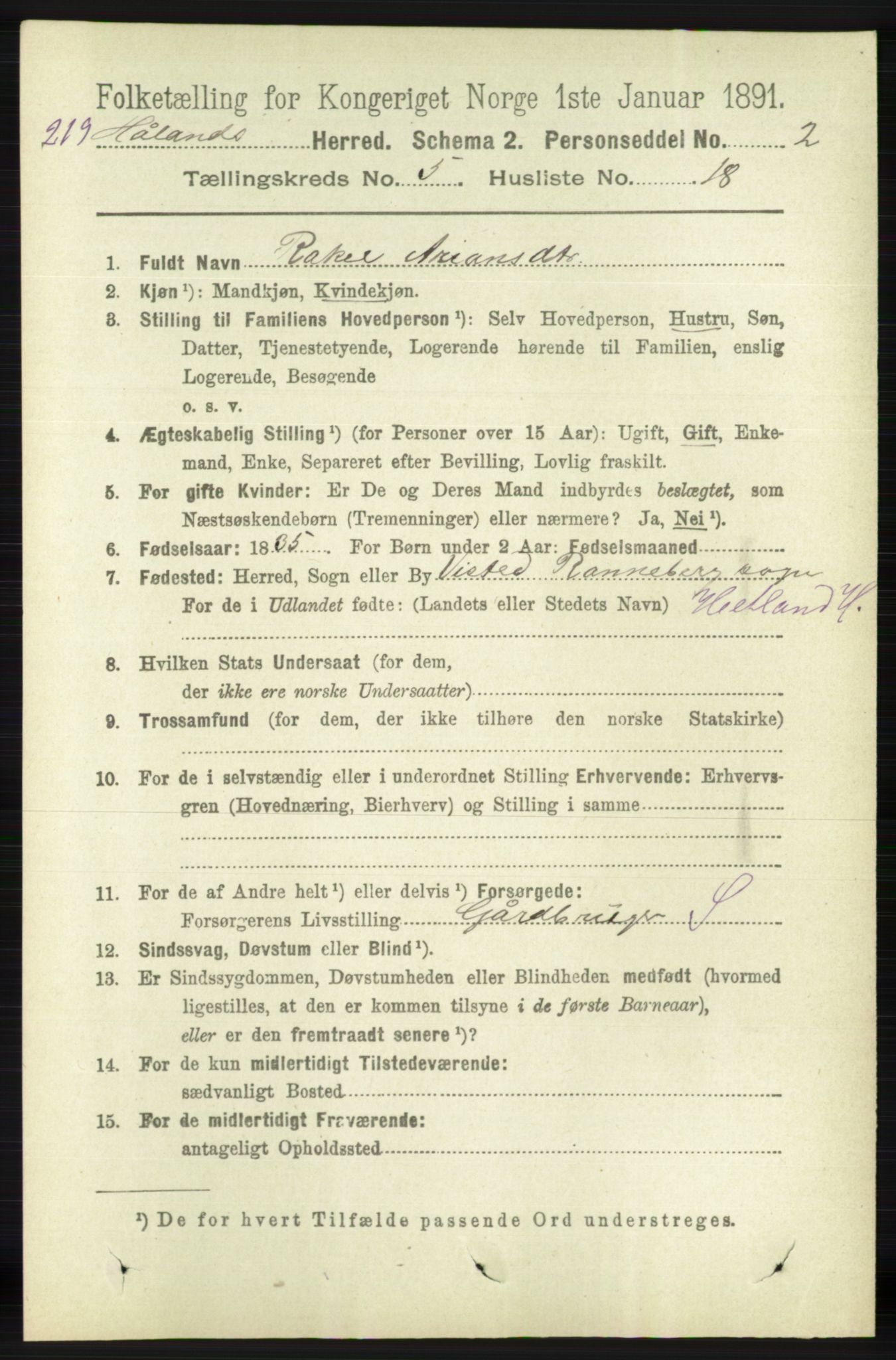 RA, 1891 census for 1124 Haaland, 1891, p. 3389