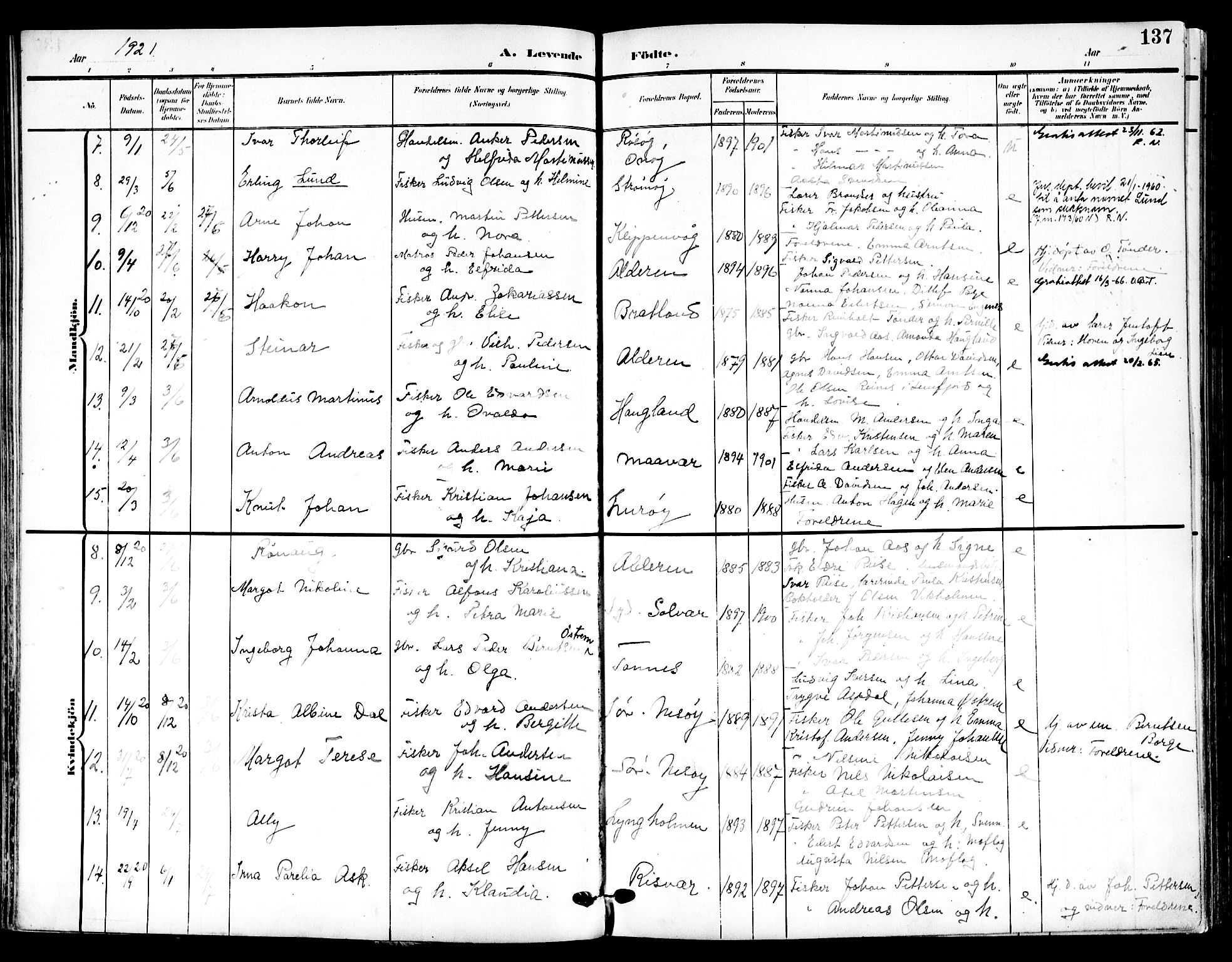 Ministerialprotokoller, klokkerbøker og fødselsregistre - Nordland, SAT/A-1459/839/L0569: Parish register (official) no. 839A06, 1903-1922, p. 137