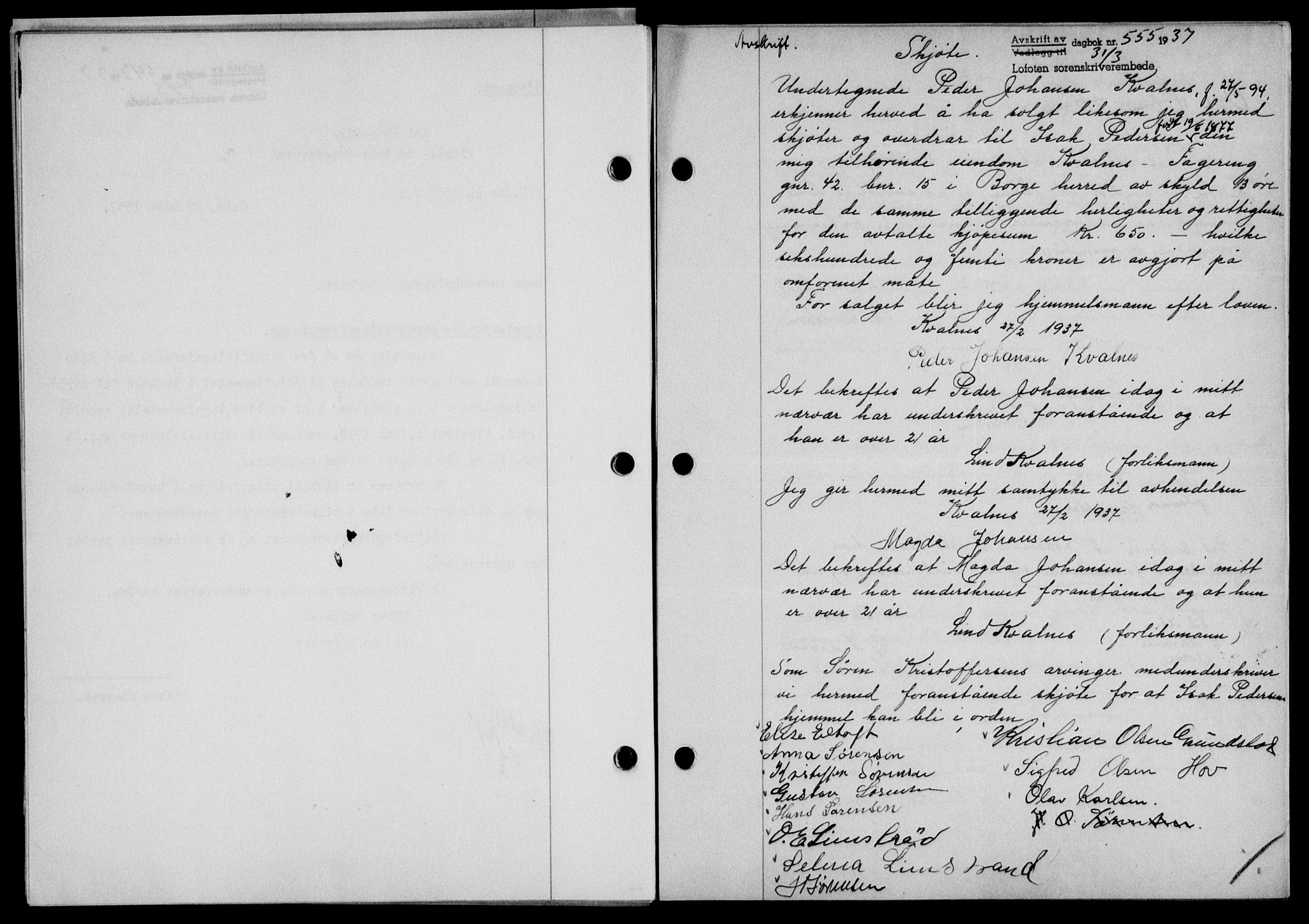 Lofoten sorenskriveri, SAT/A-0017/1/2/2C/L0002a: Mortgage book no. 2a, 1937-1937, Diary no: : 555/1937