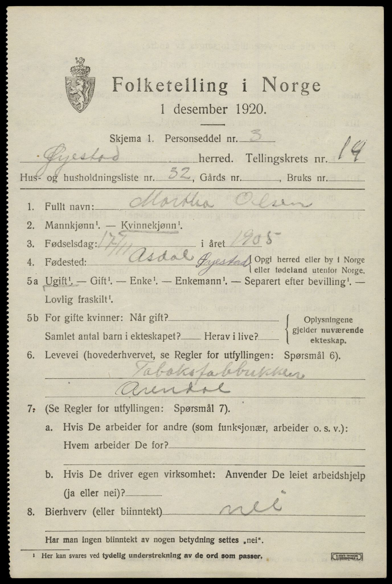 SAK, 1920 census for Øyestad, 1920, p. 9410