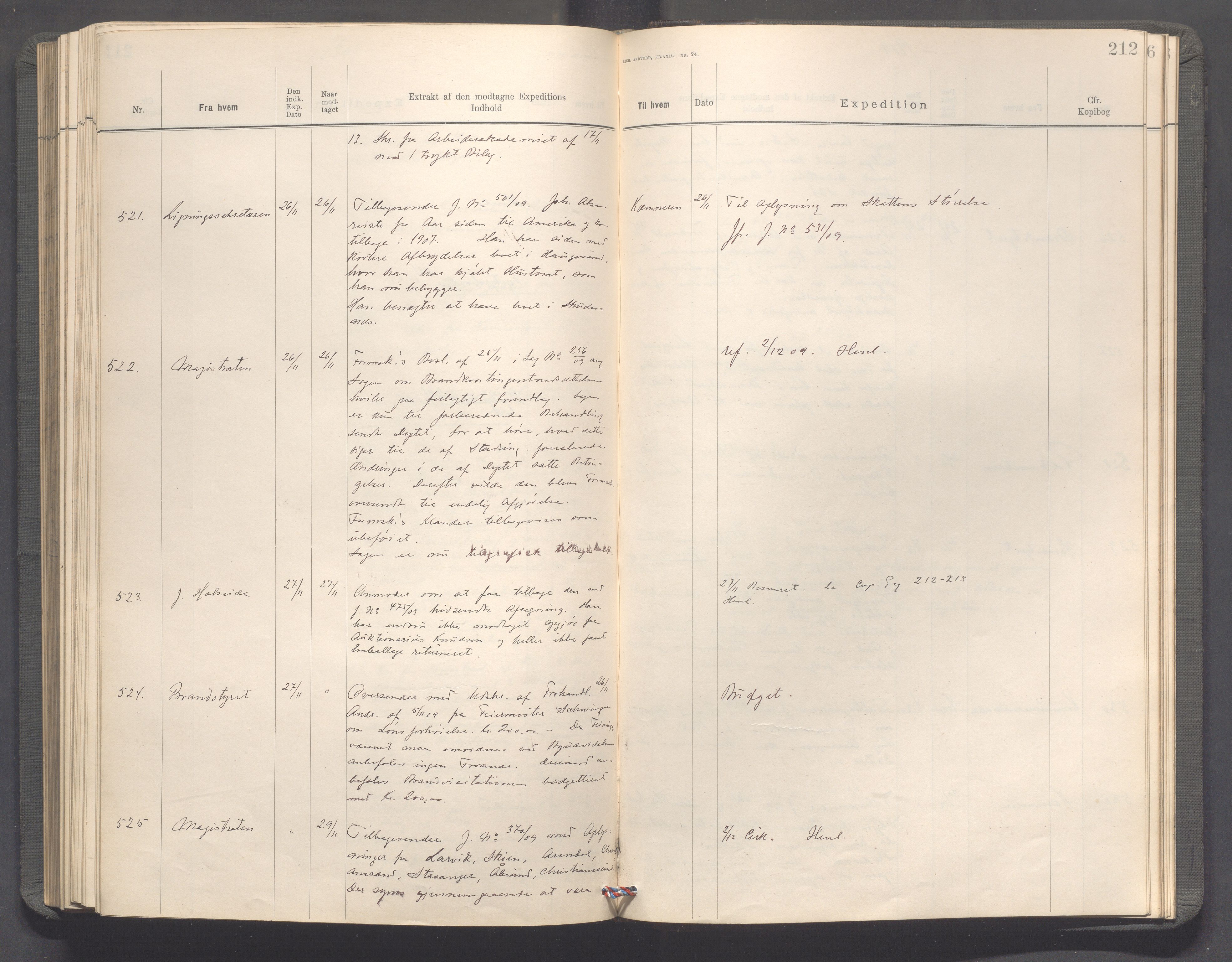 Haugesund kommune - Formannskapet, IKAR/X-0001/C/L0003: Journal, 1907-1910, p. 212