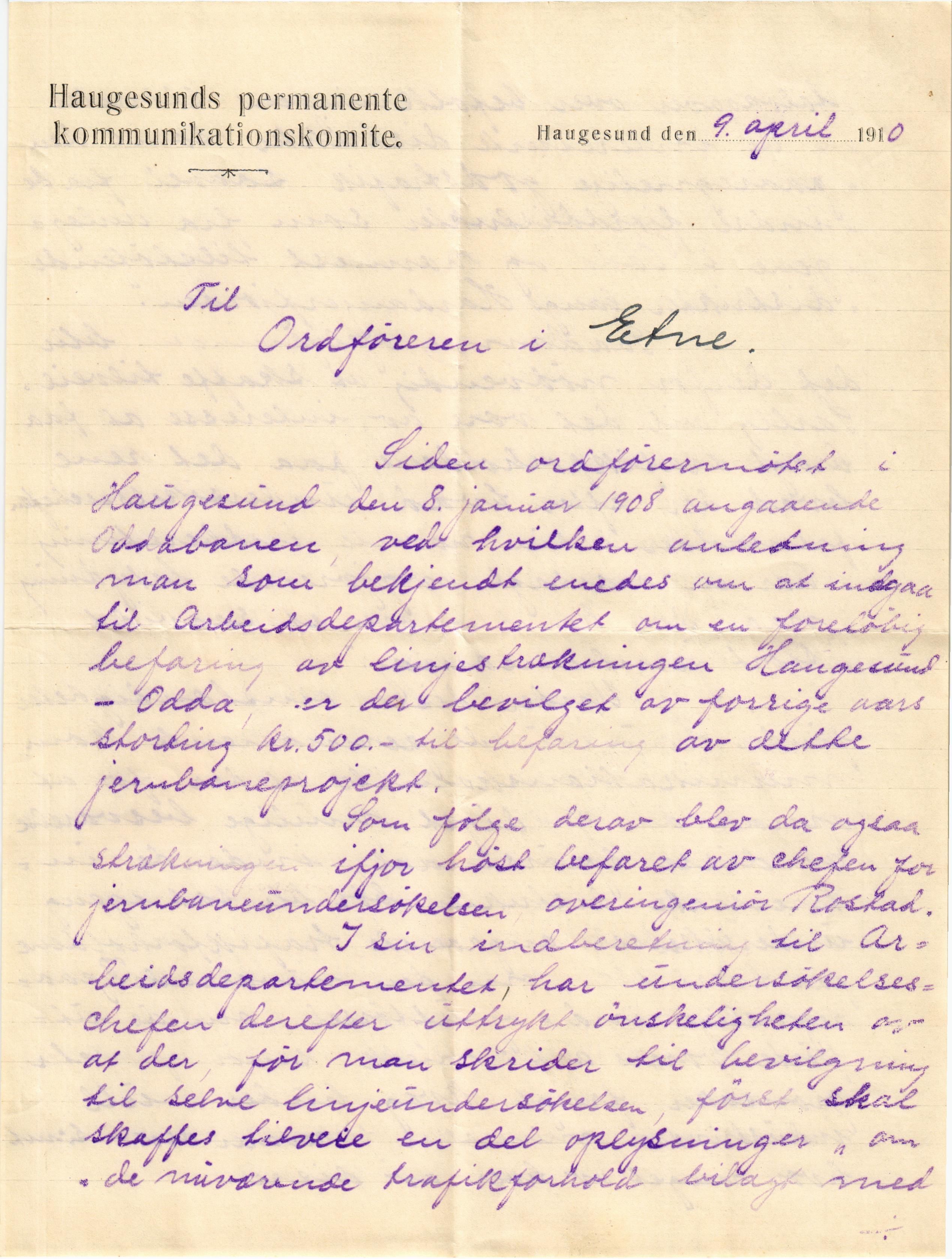 Etne kommune. Formannskapet, IKAH/1211-021/D/Db/L0014b/0011: Emneordna korrespondanse / Oddabanen, 1908-1915