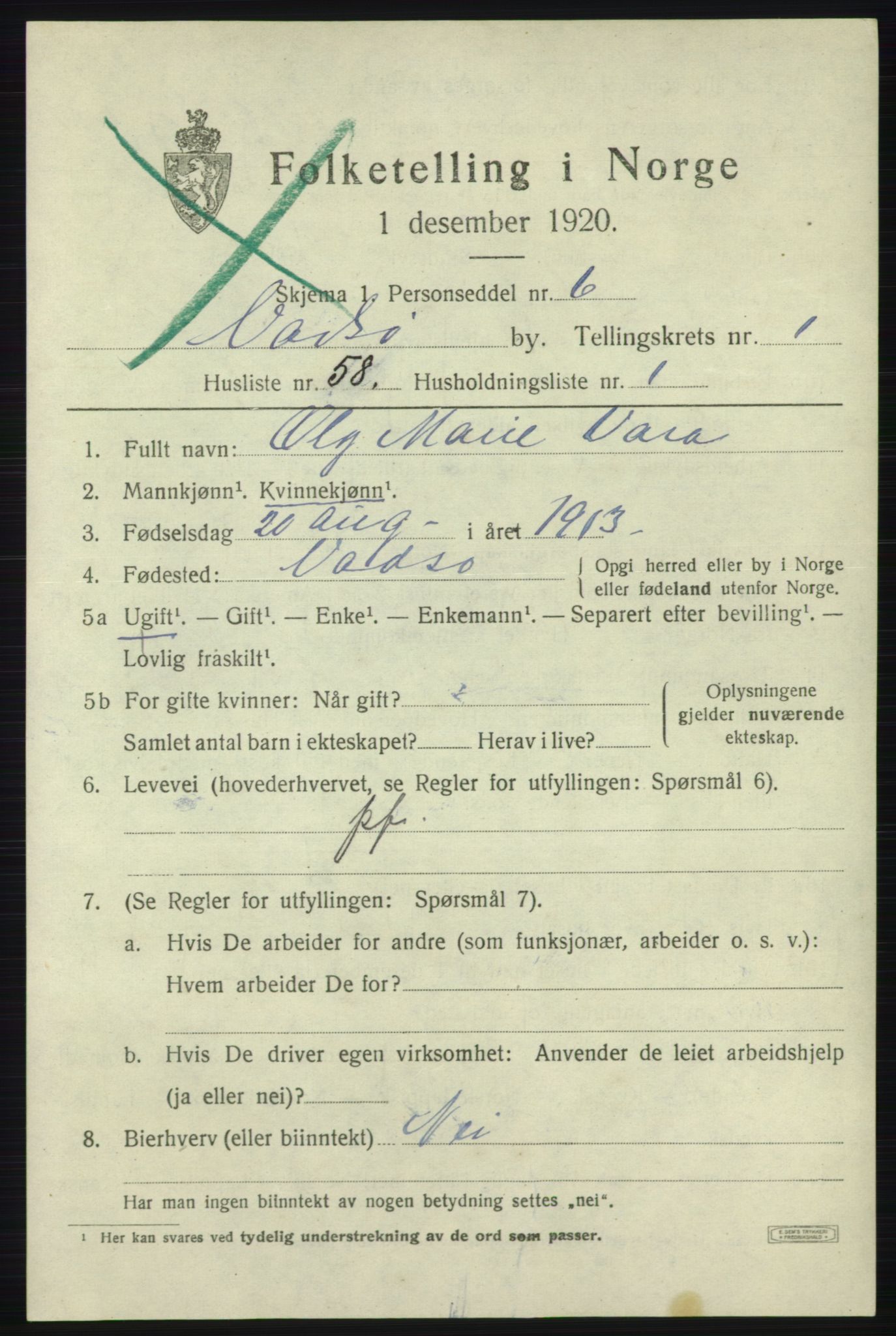 SATØ, 1920 census for Vadsø, 1920, p. 2187