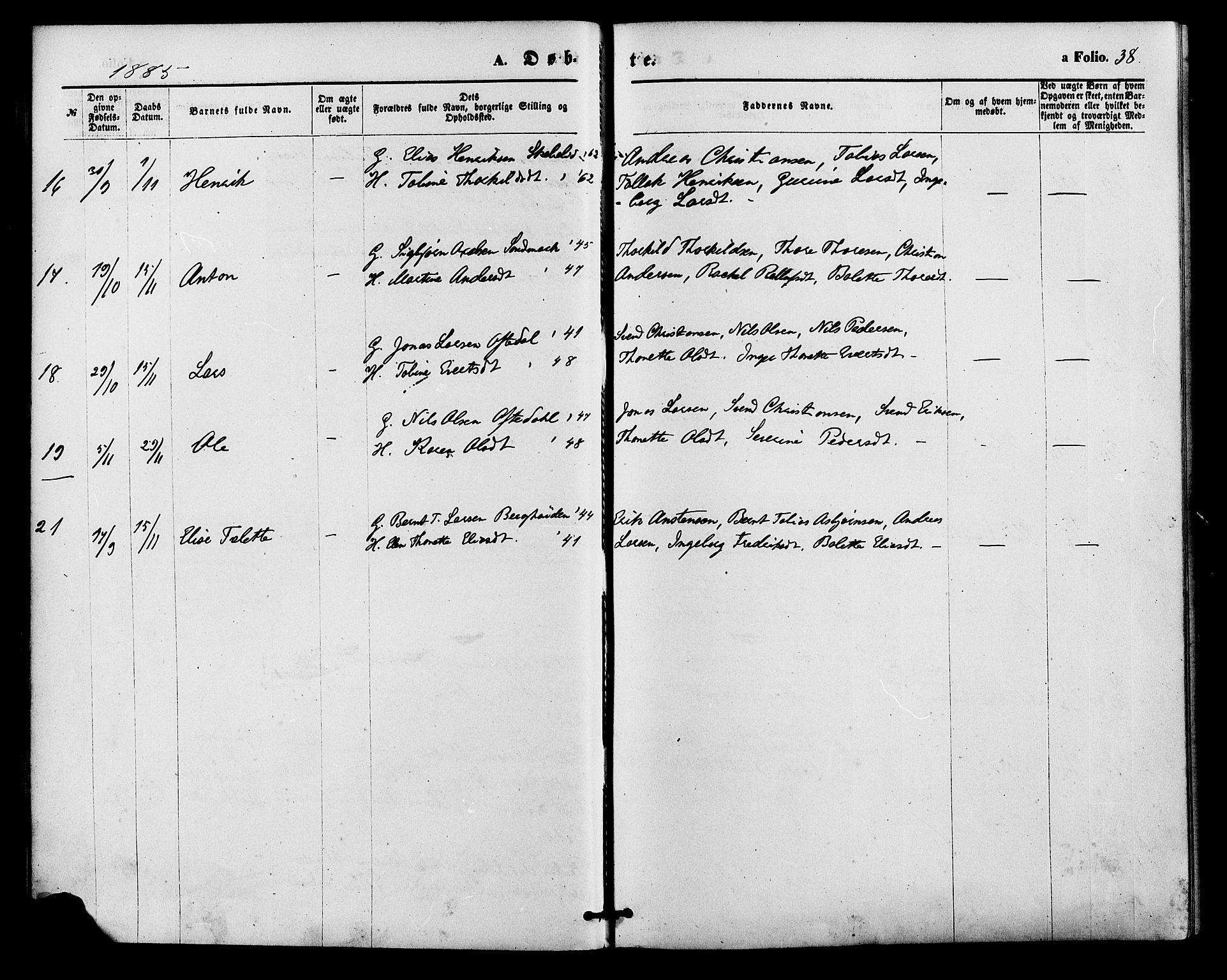 Bakke sokneprestkontor, AV/SAK-1111-0002/F/Fa/Faa/L0007: Parish register (official) no. A 7, 1877-1886, p. 38